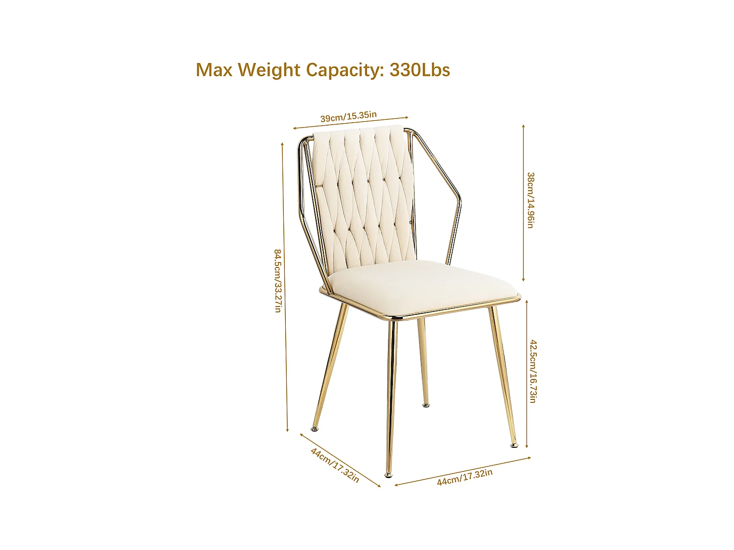 Conjunto de 2 cadeiras, cadeira de jantar de veludo, pernas de metal, cadeira ergonômica, design banhado a ouro, bege