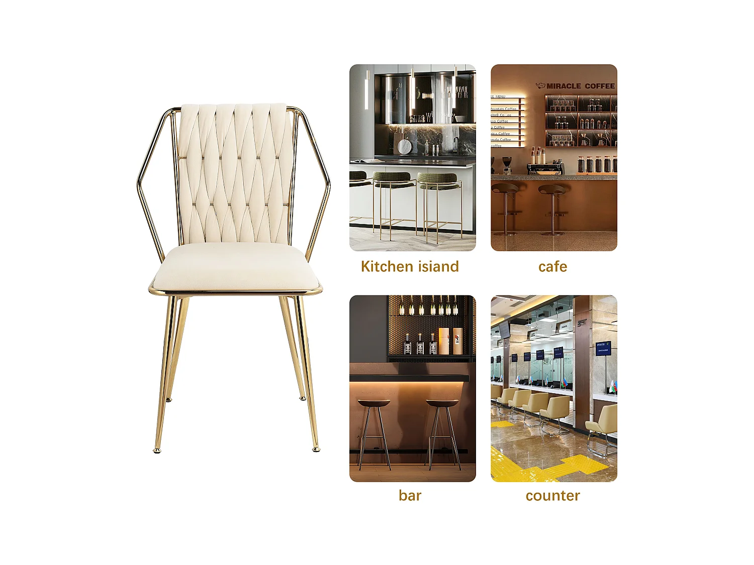 Conjunto de 2 cadeiras, cadeira de jantar de veludo, pernas de metal, cadeira ergonômica, design banhado a ouro, bege