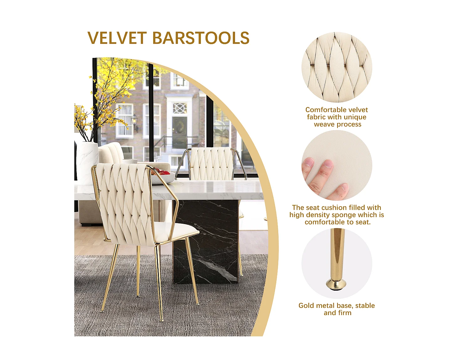 Conjunto de 2 cadeiras, cadeira de jantar de veludo, pernas de metal, cadeira ergonômica, design banhado a ouro, bege