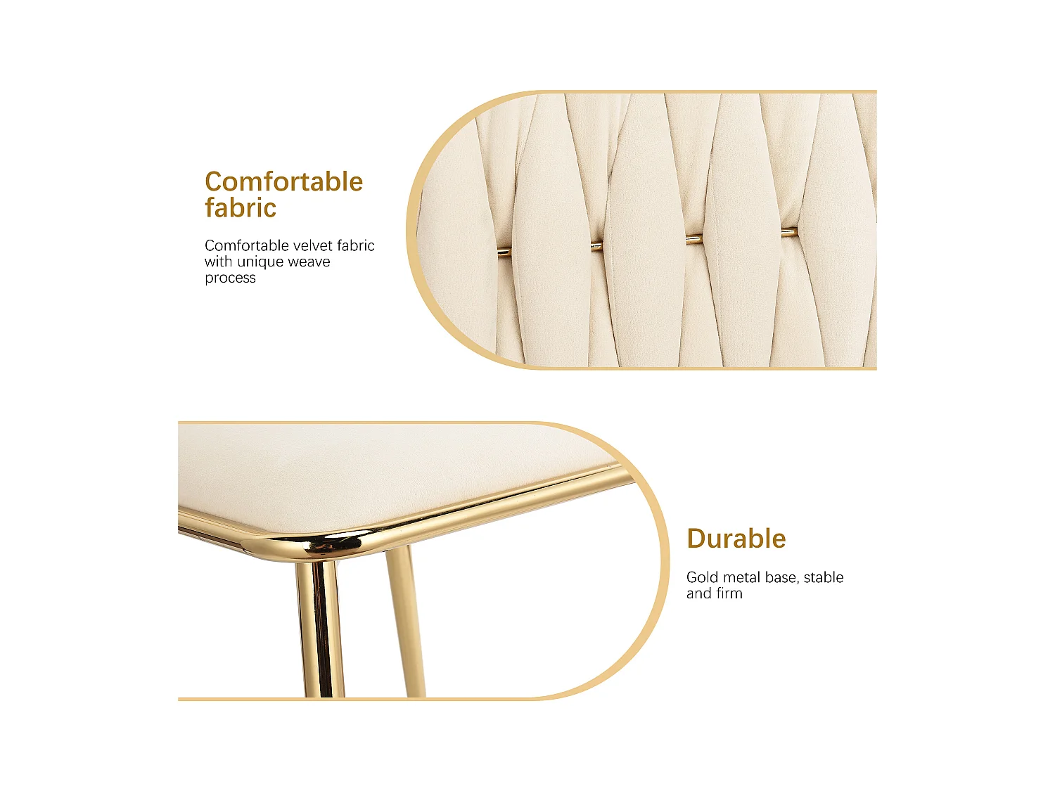 Conjunto de 2 cadeiras, cadeira de jantar de veludo, pernas de metal, cadeira ergonômica, design banhado a ouro, bege