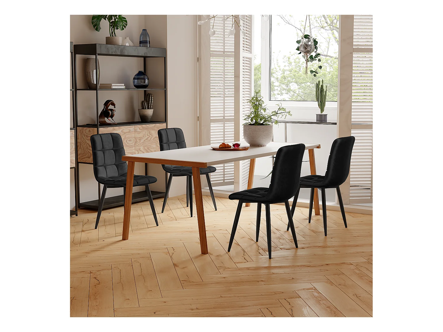 Conjunto de 4 cadeiras de jantar com encosto, estrutura de metal, preto, veludo