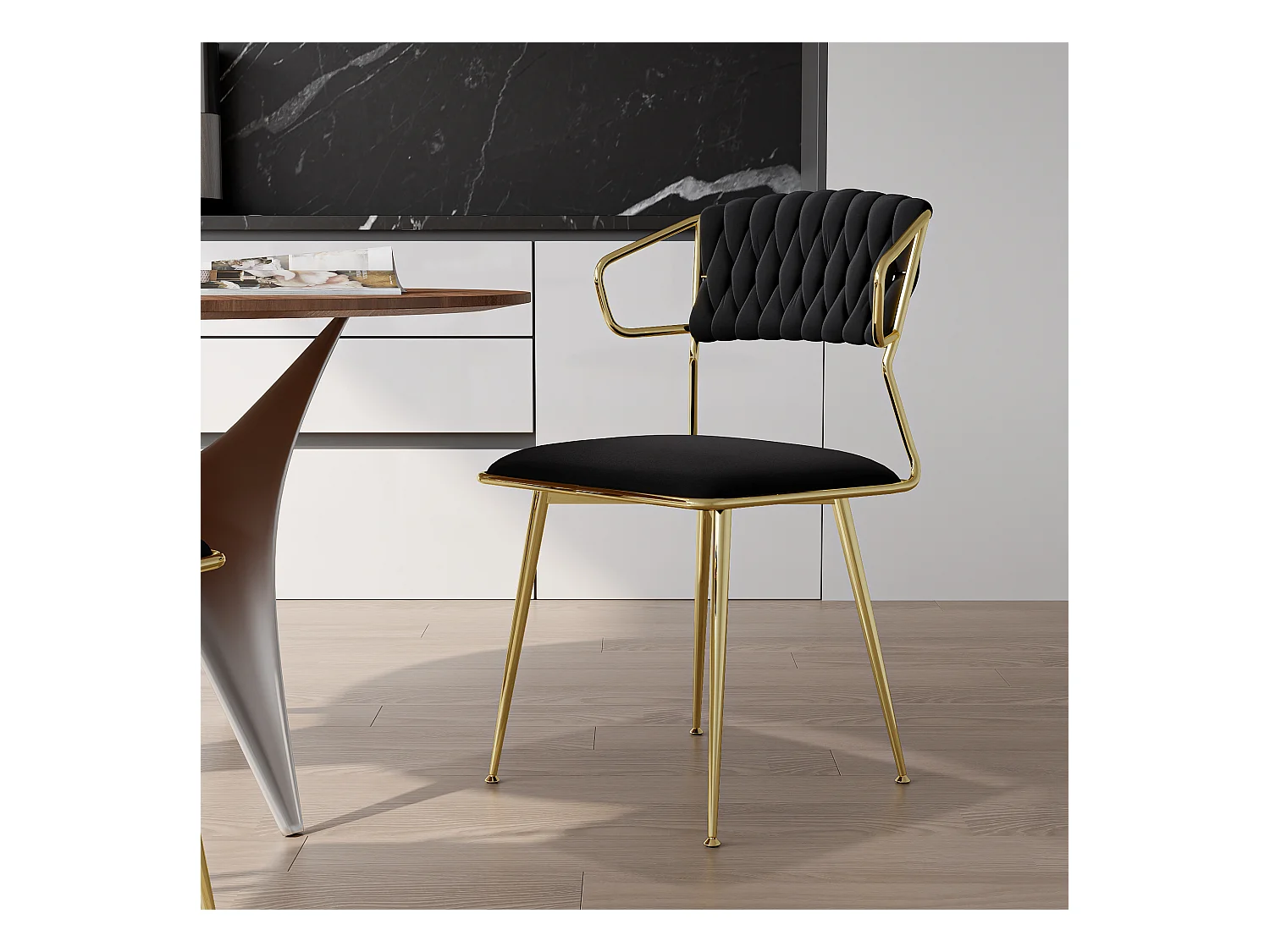 Lot de 2 chaises de salle à manger en velours noir avec dossier rembourré et pieds en métal