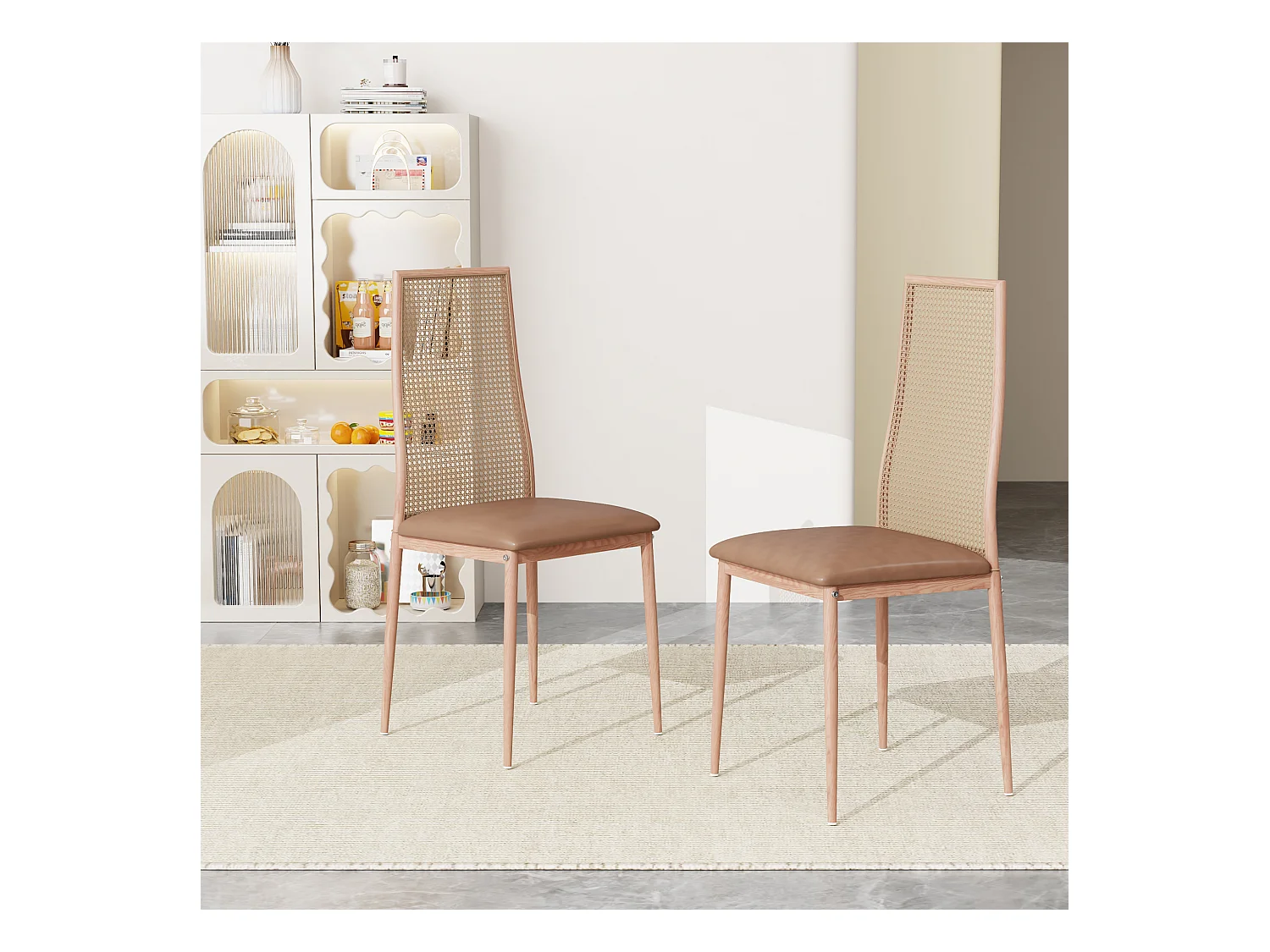 Lot de 2 chaises de salle à manger en rotin rembourrées sans accoudoirs avec pieds en métal, bois