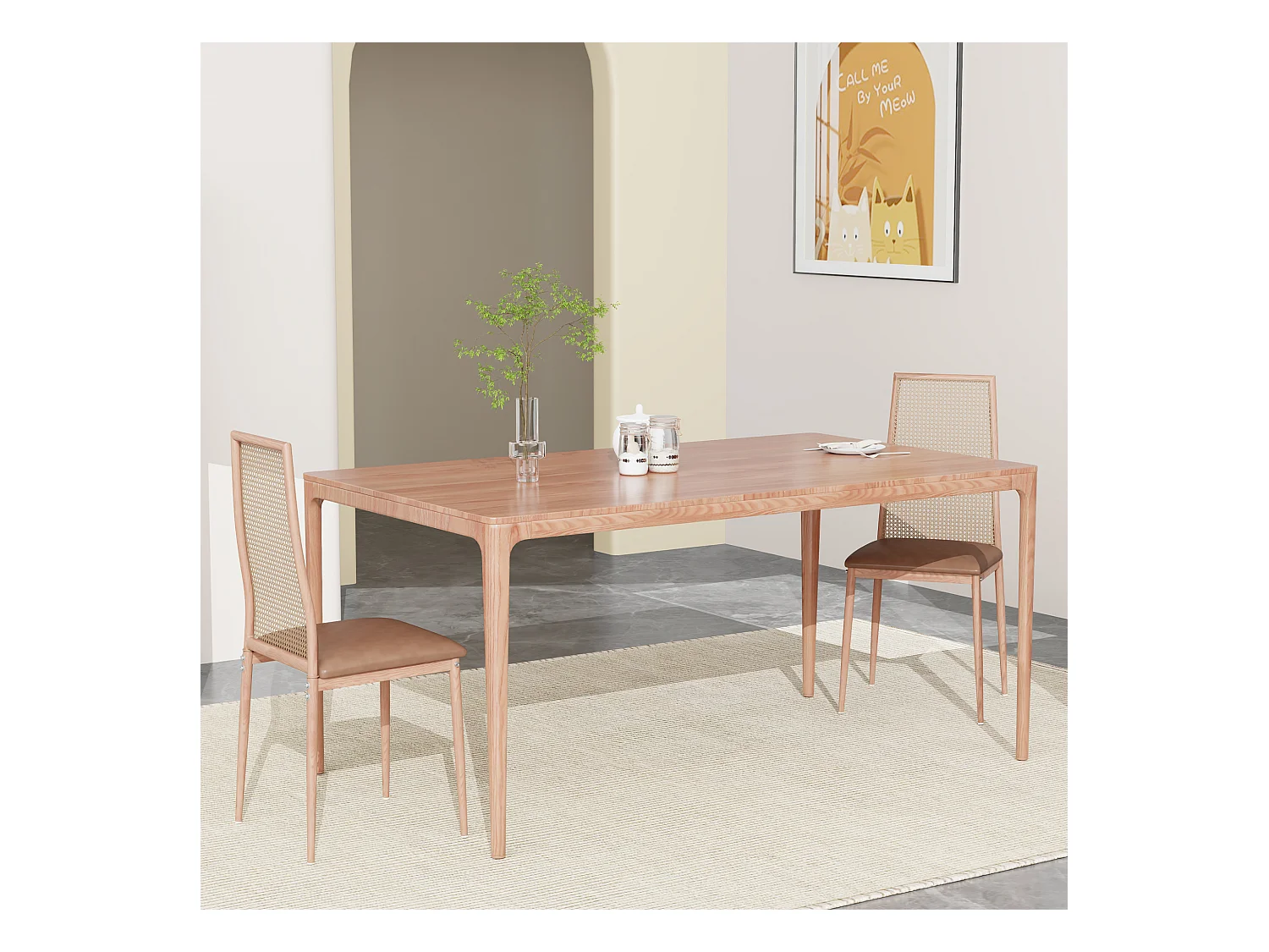 Conjunto de 2 peças, cadeira de vime, cadeira de jantar com encosto alto, imitação de vime PE, cor de madeira