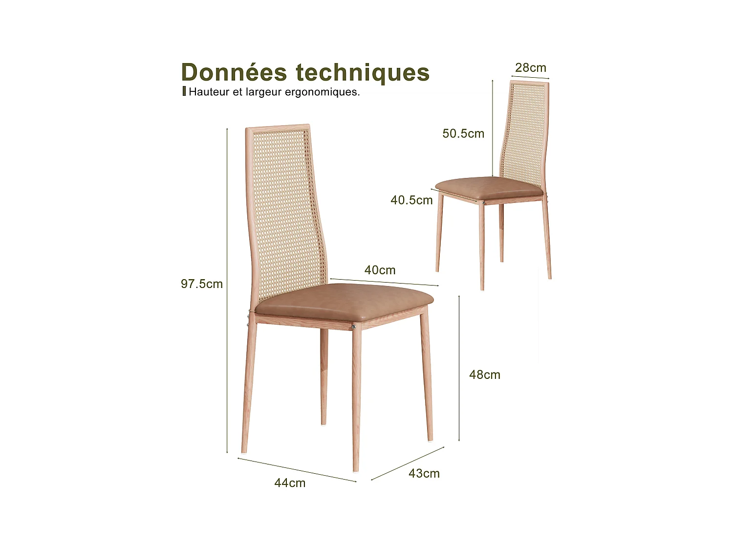 Conjunto de 2 peças, cadeira de vime, cadeira de jantar com encosto alto, imitação de vime PE, cor de madeira