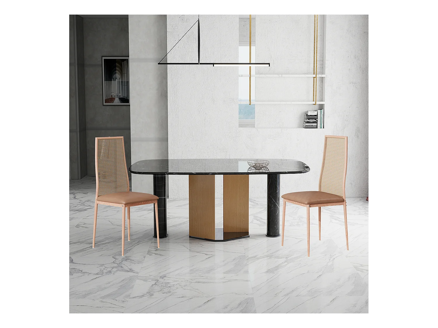 Conjunto de 2 peças, cadeira de vime, cadeira de jantar com encosto alto, imitação de vime PE, cor de madeira