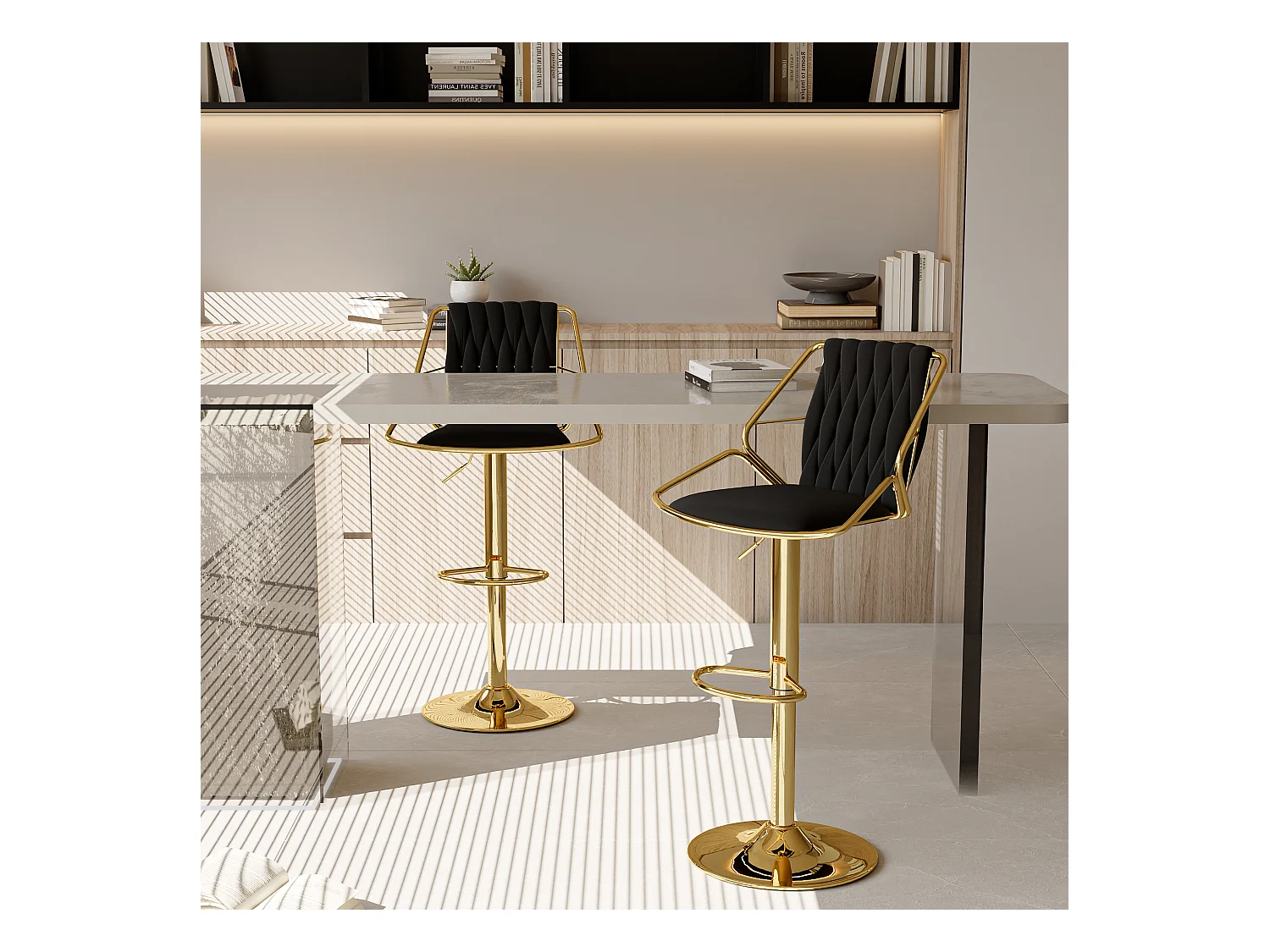 Conjunto de 2 cadeiras, cadeiras banhadas a ouro, mesa de bar e cadeiras, preto, veludo