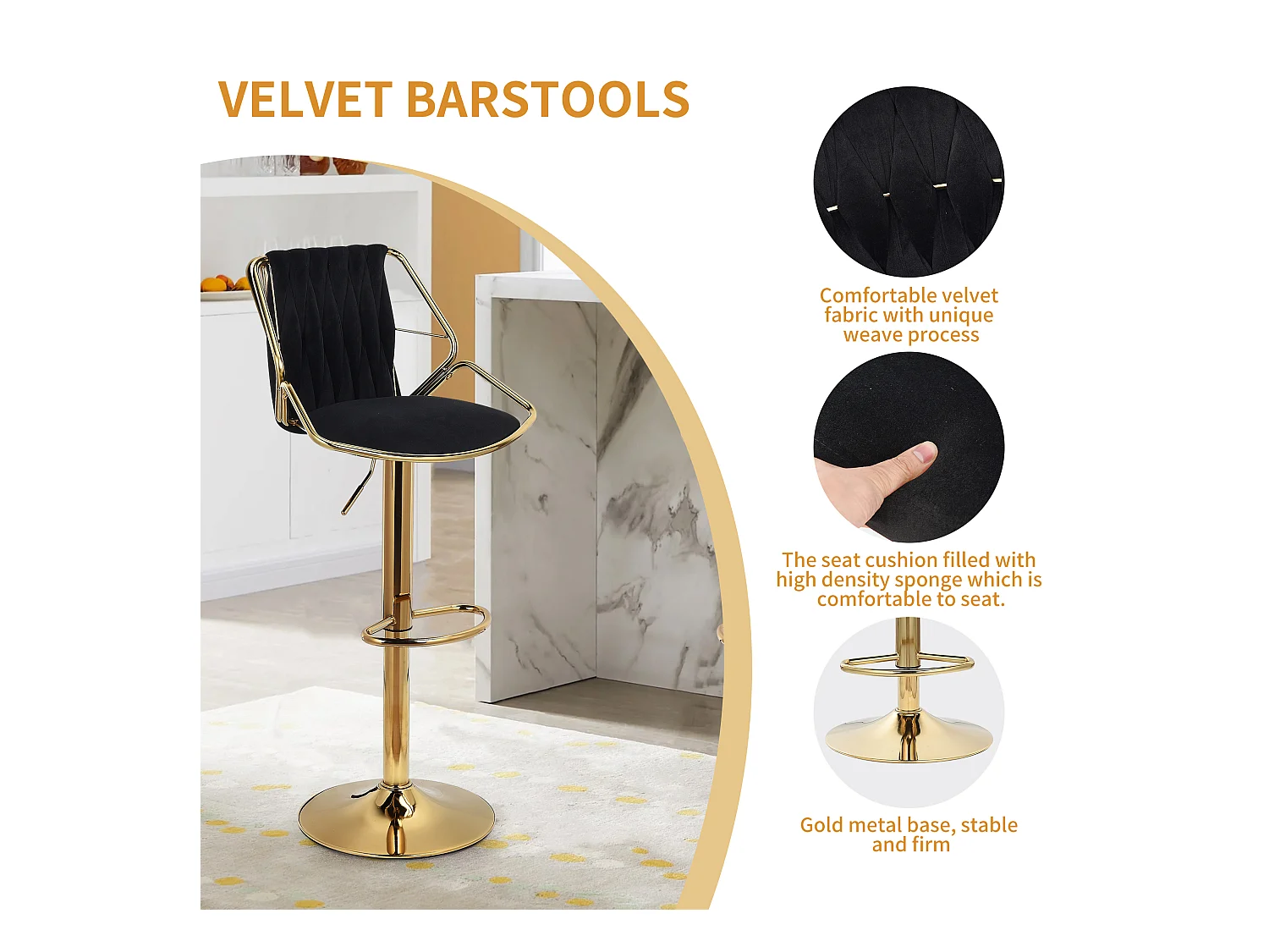 Conjunto de 2 cadeiras, cadeiras banhadas a ouro, mesa de bar e cadeiras, preto, veludo