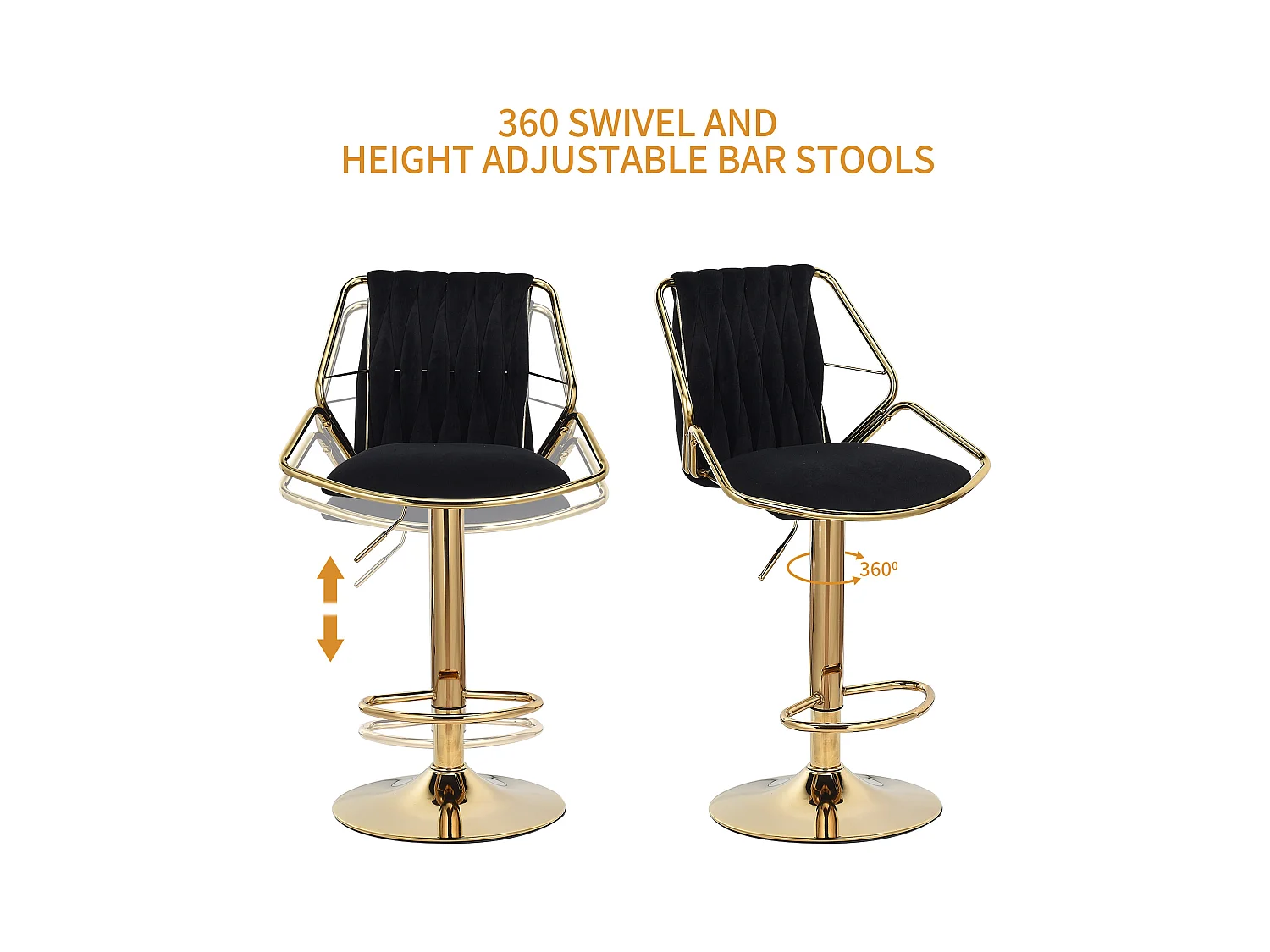 Conjunto de 2 cadeiras, cadeiras banhadas a ouro, mesa de bar e cadeiras, preto, veludo