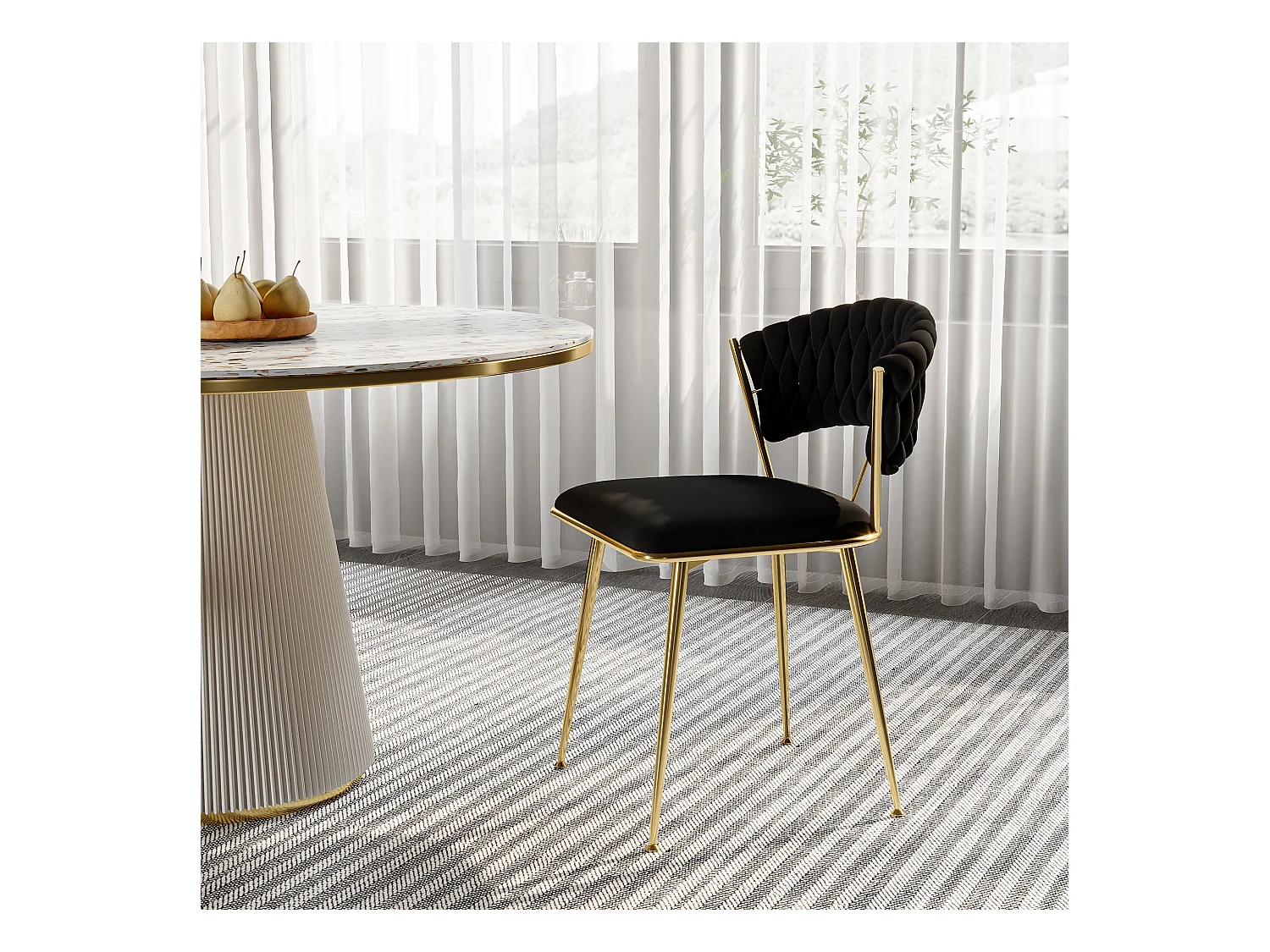 Lot de 2 Chaises de Salle à Manger en Velours  noir avec Dossier Rond Tressé et Pieds Dorés