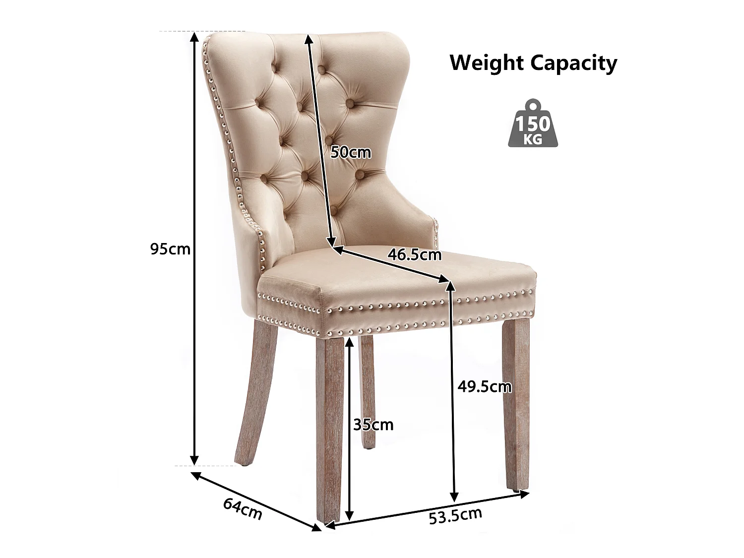 Cadeira de jantar de 2 peças, encosto abotoado, borda rebitada, pernas de madeira maciça, tecido de veludo, bege