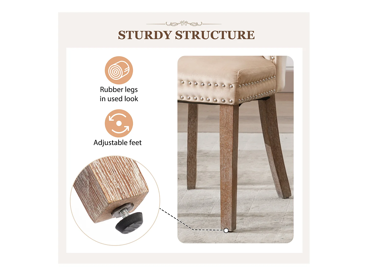 Cadeira de jantar de 2 peças, encosto abotoado, borda rebitada, pernas de madeira maciça, tecido de veludo, bege