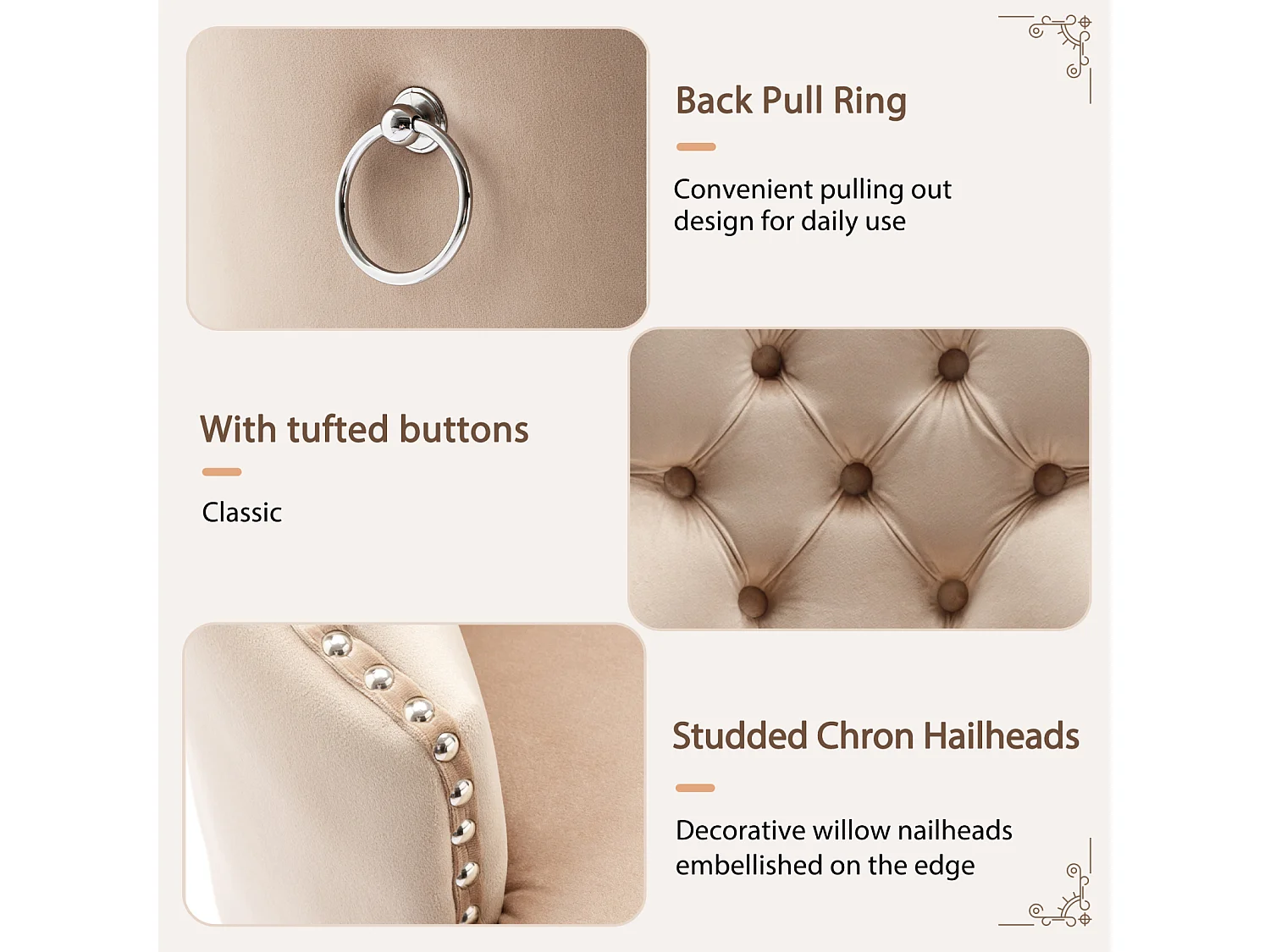 Silla de comedor con asas redondas, juego de 2, patas de madera maciza, color beige