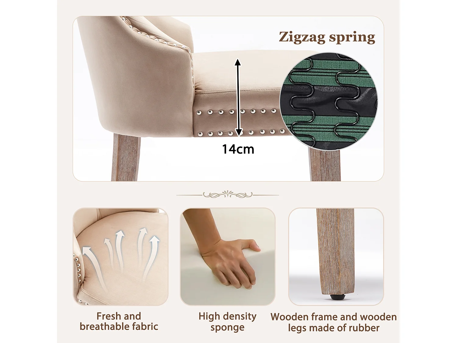 Silla de comedor con asas redondas, juego de 2, patas de madera maciza, color beige