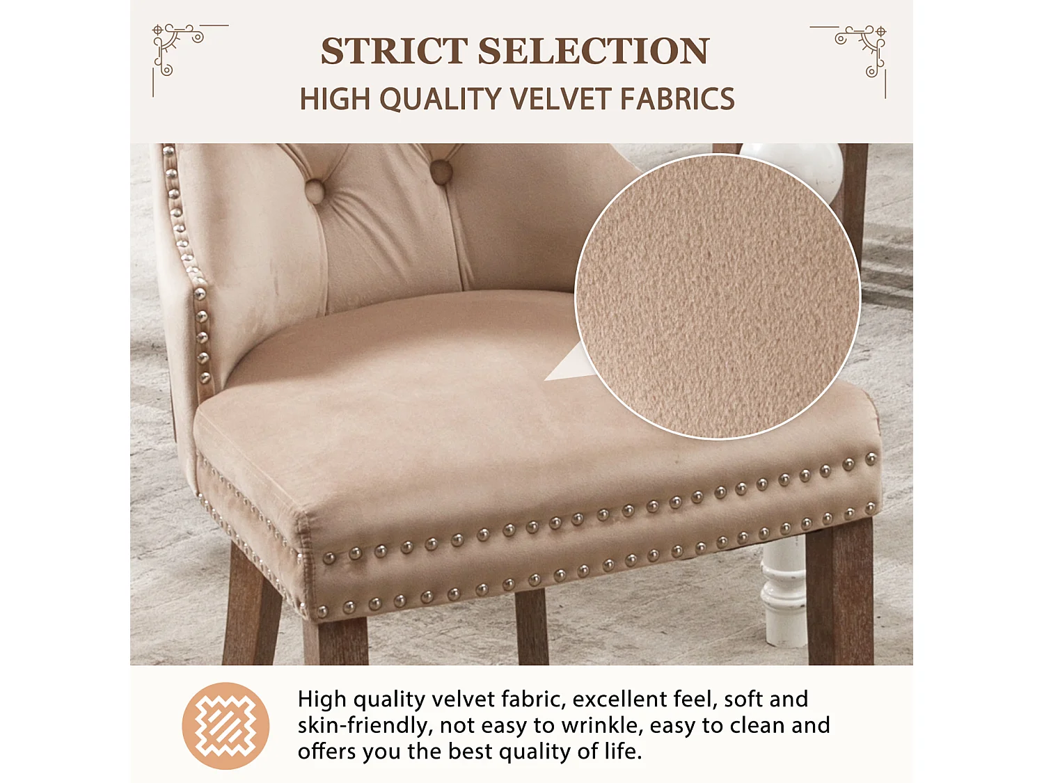 Silla de comedor con asas redondas, juego de 2, patas de madera maciza, color beige