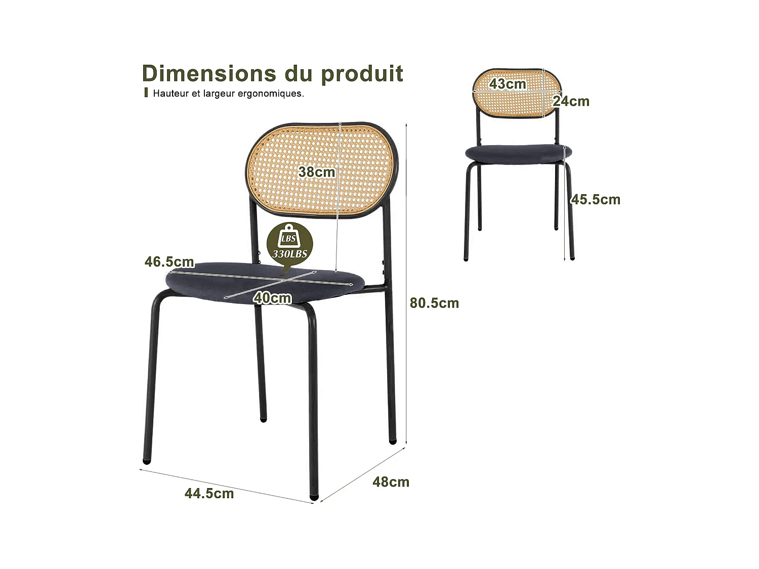 Juego de 2 sillas de comedor de ratán con respaldo de ratán y asiento acolchado, color negro