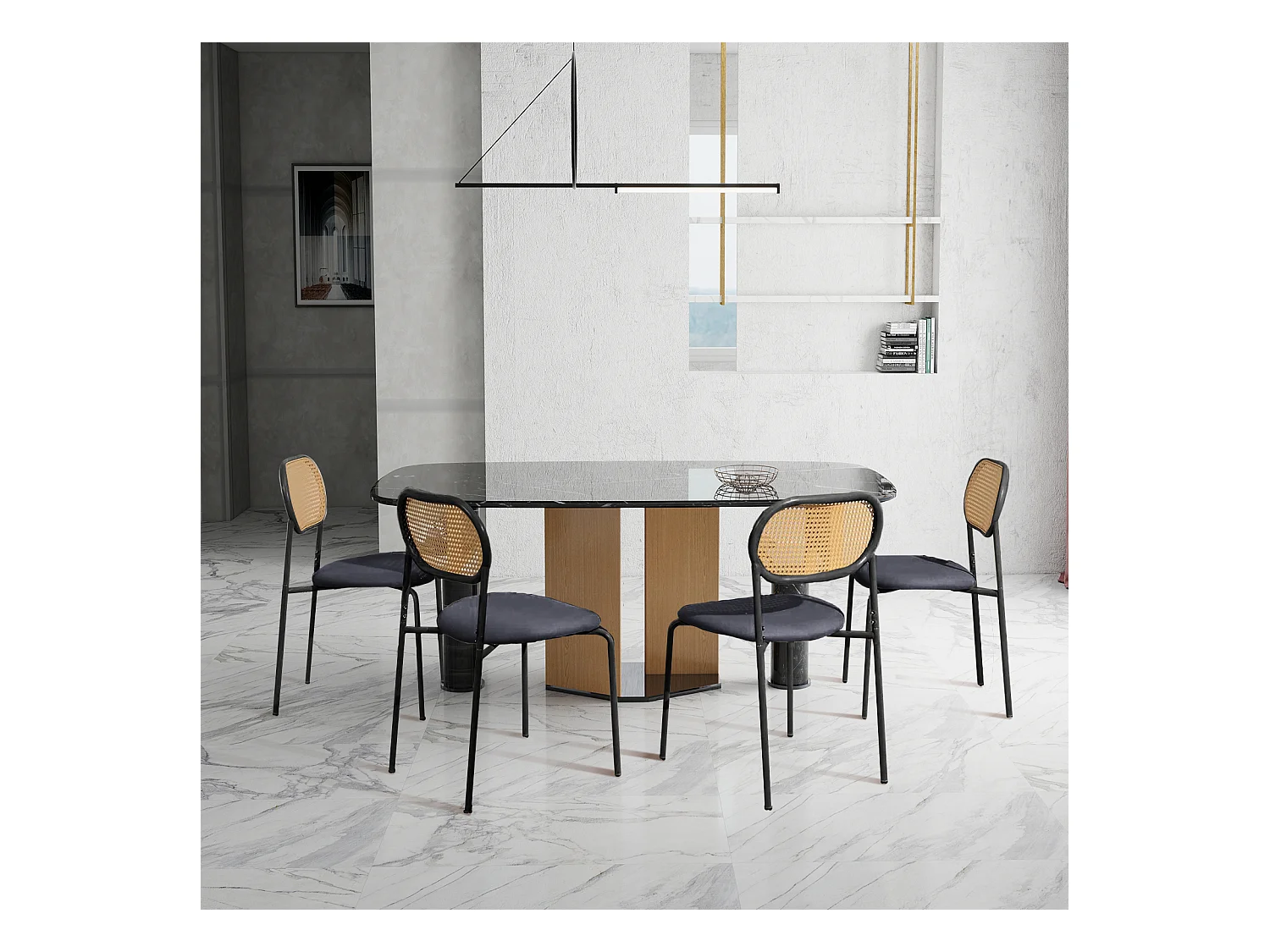 Juego de 2 sillas de comedor de ratán con respaldo de ratán y asiento acolchado, color negro