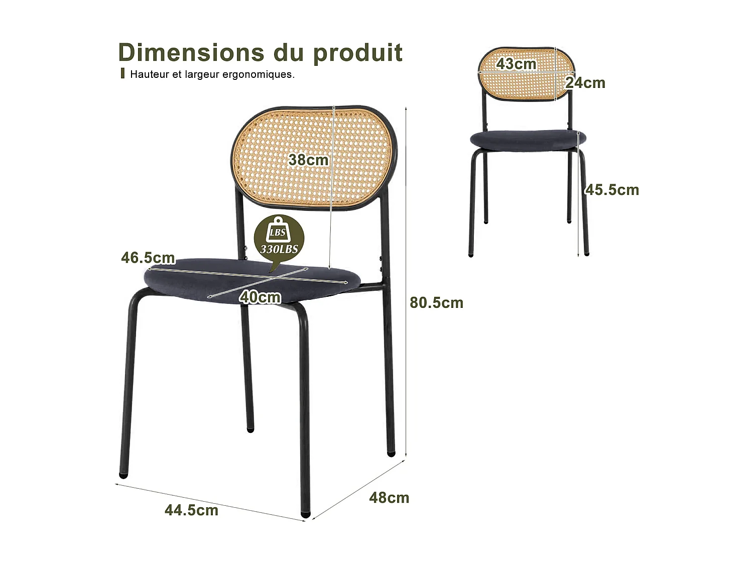 Juego de 2 sillas de comedor de ratán con respaldo de ratán y asiento acolchado, color negro