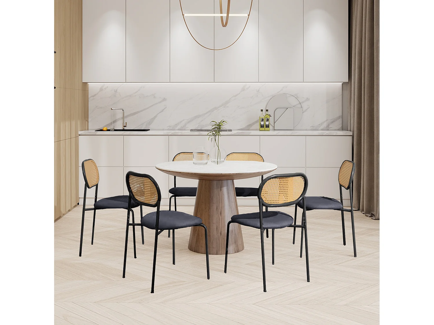 Juego de 2 sillas de comedor de ratán con respaldo de ratán y asiento acolchado, color negro