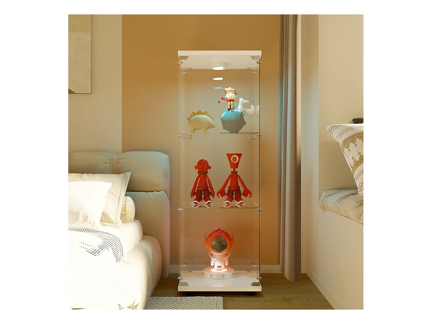 Vitrine com vidro, iluminação LED com 1 porta e 3 compartimentos, 125 x 40 x 36 cm, Branco