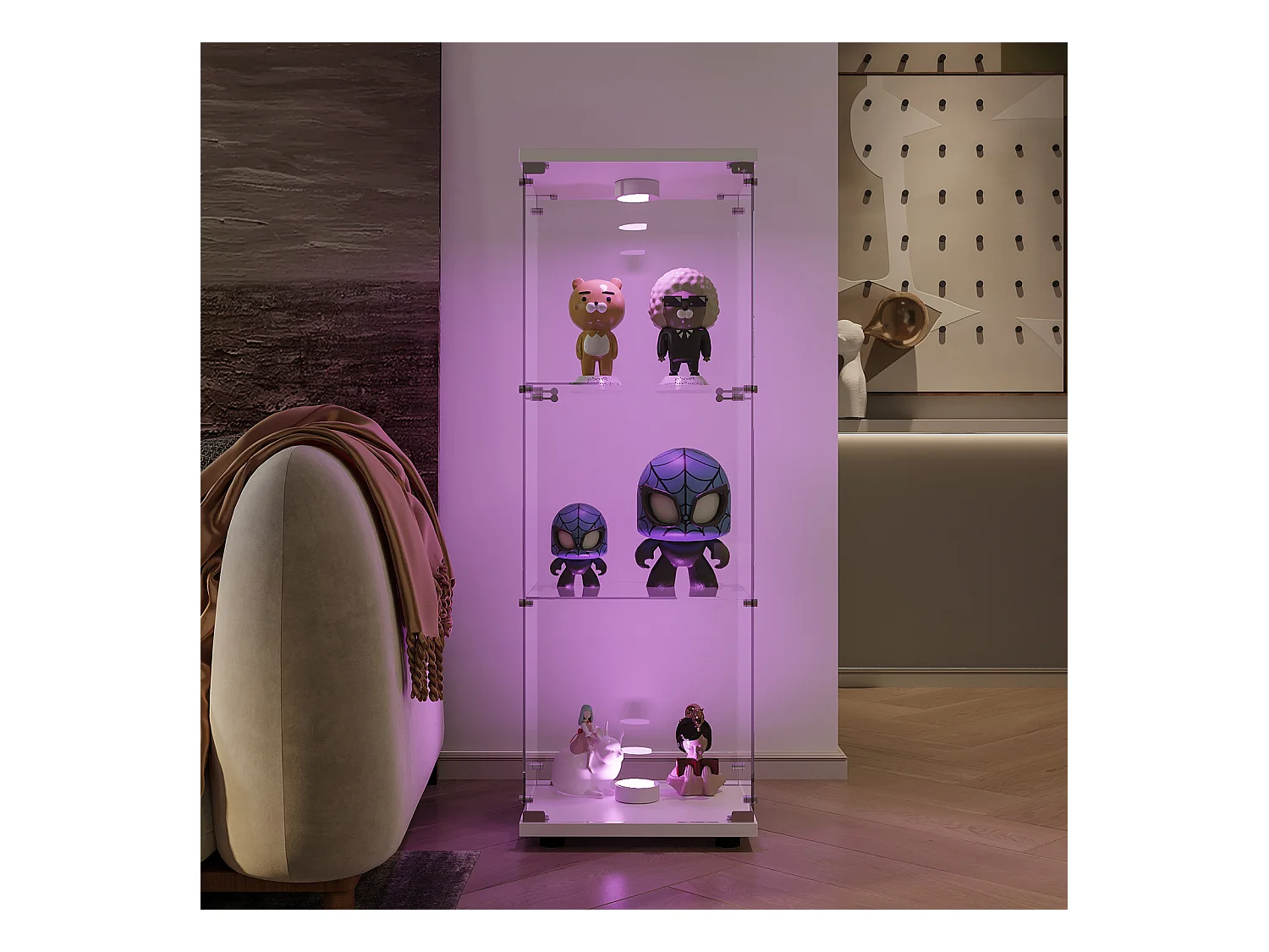 Vitrine com vidro, iluminação LED com 1 porta e 3 compartimentos, 125 x 40 x 36 cm, Branco