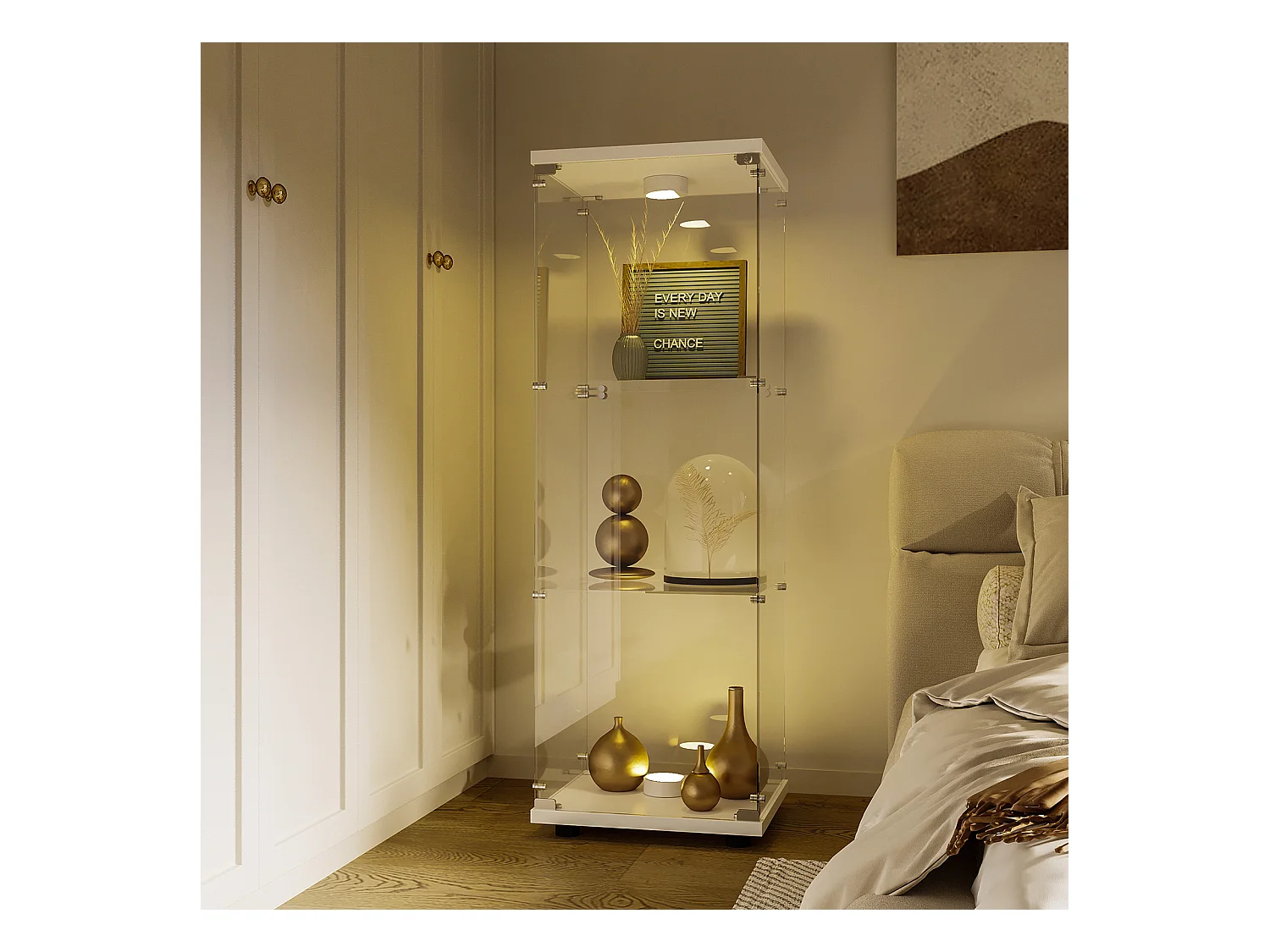 Vitrine com vidro, iluminação LED com 1 porta e 3 compartimentos, 125 x 40 x 36 cm, Branco