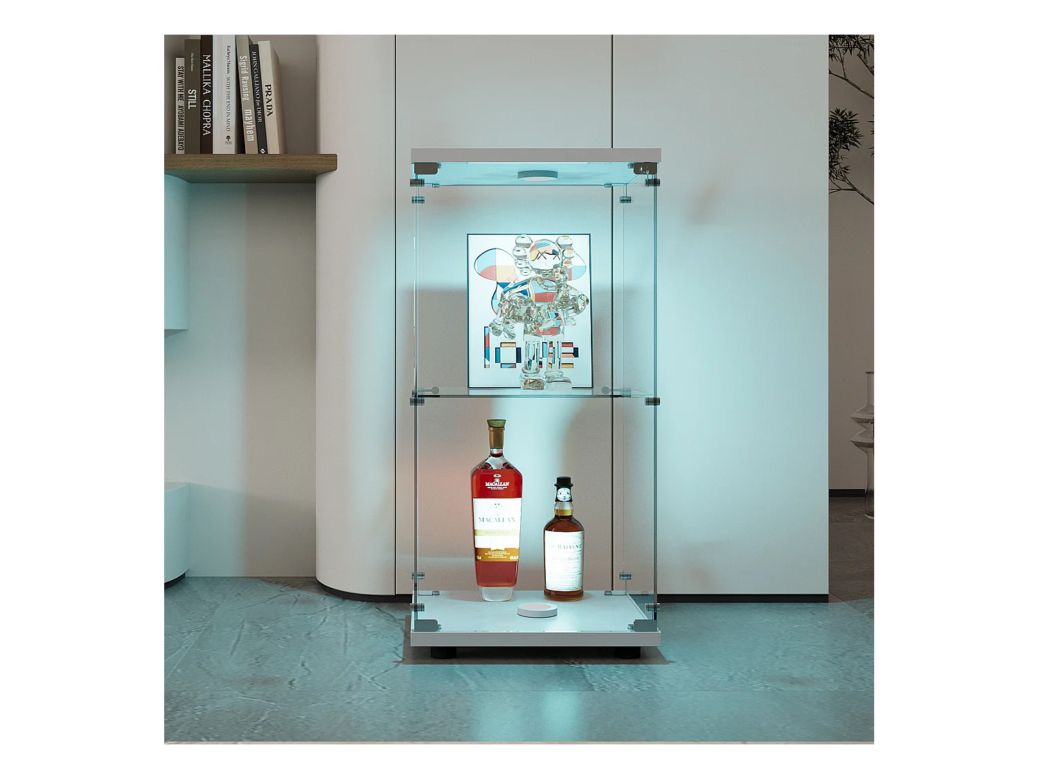 Vitrine de vidro de parede dupla 40*86*36,5 cm, com trava anti-roubo e iluminação LED, branca