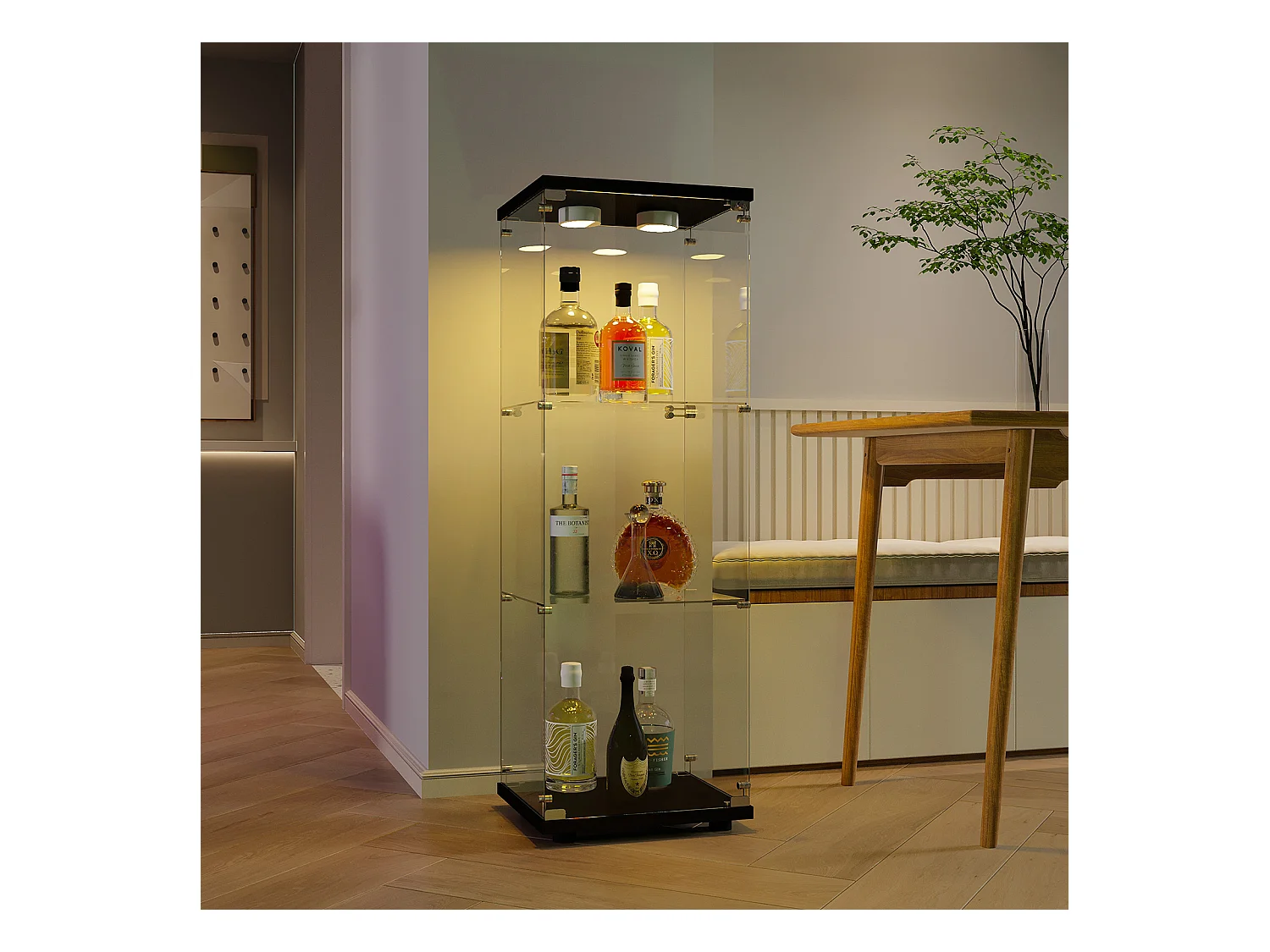 Vitrina con cristal, iluminación LED con 1 puerta y 3 compartimentos, 125 x 40 x 36 cm, color negro