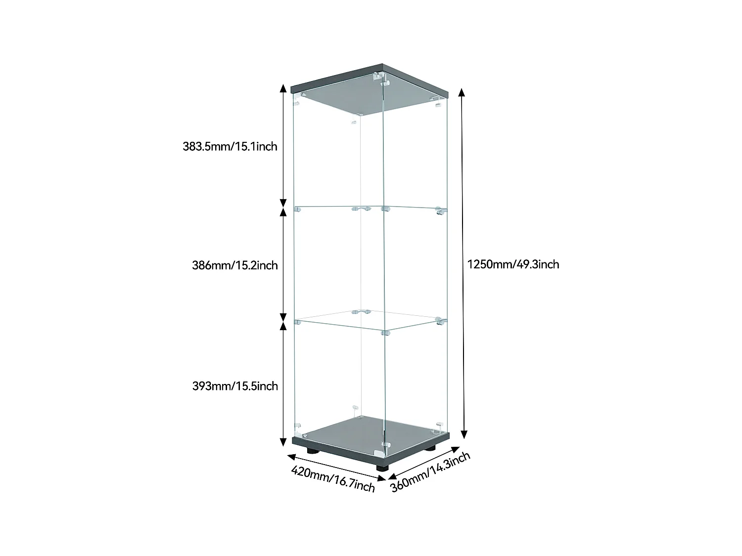 Vitrina con cristal, iluminación LED con 1 puerta y 3 compartimentos, 125 x 40 x 36 cm, color negro