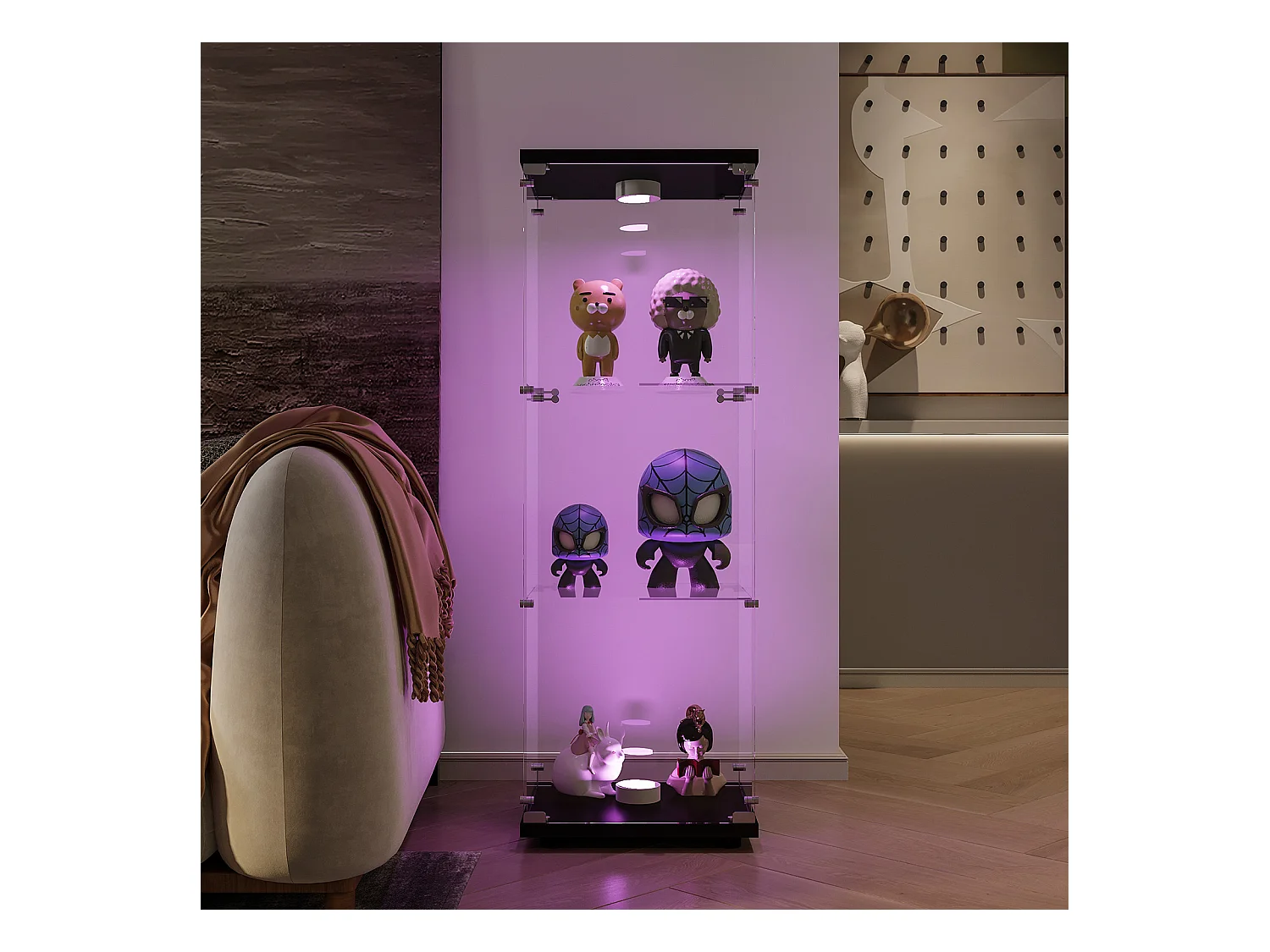 Vitrina con cristal, iluminación LED con 1 puerta y 3 compartimentos, 125 x 40 x 36 cm, color negro