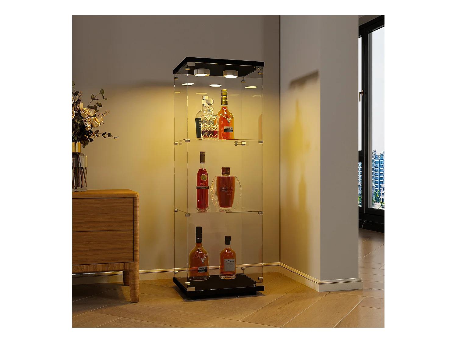 Vitrina con cristal, iluminación LED con 1 puerta y 3 compartimentos, 125 x 40 x 36 cm, color negro