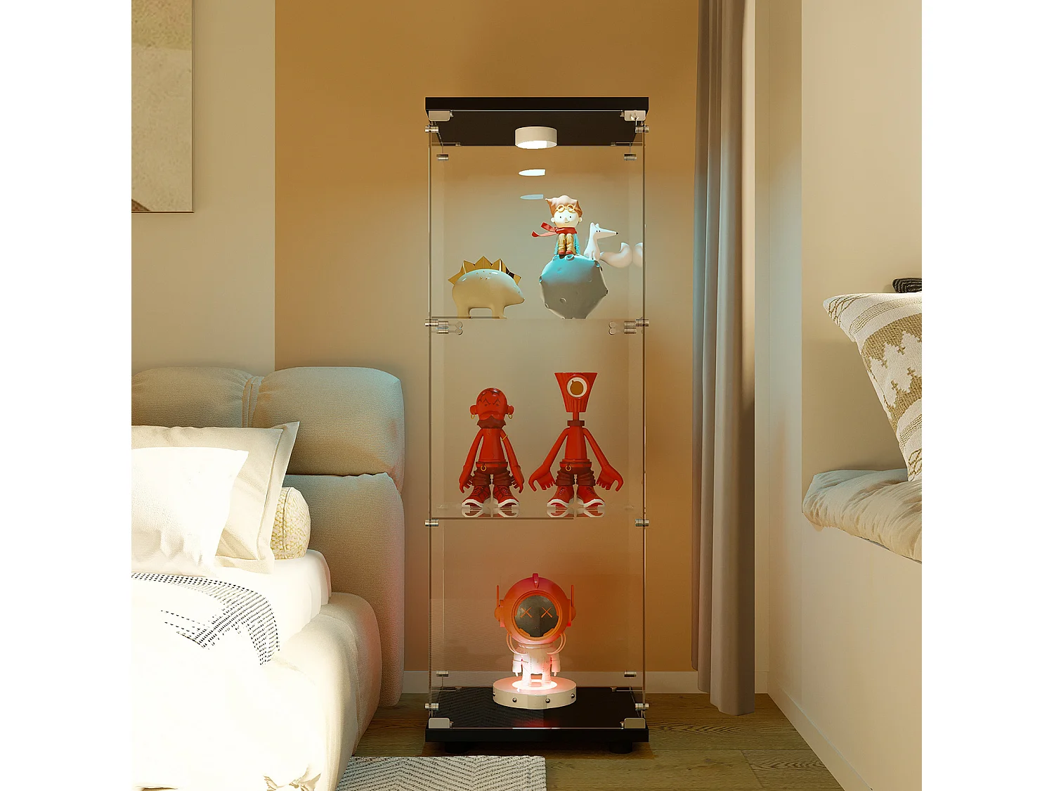 Vitrine avec verre , Éclairage LED avec 1 porte et 3 compartiments, 125 x 40 x 36 cm , noir