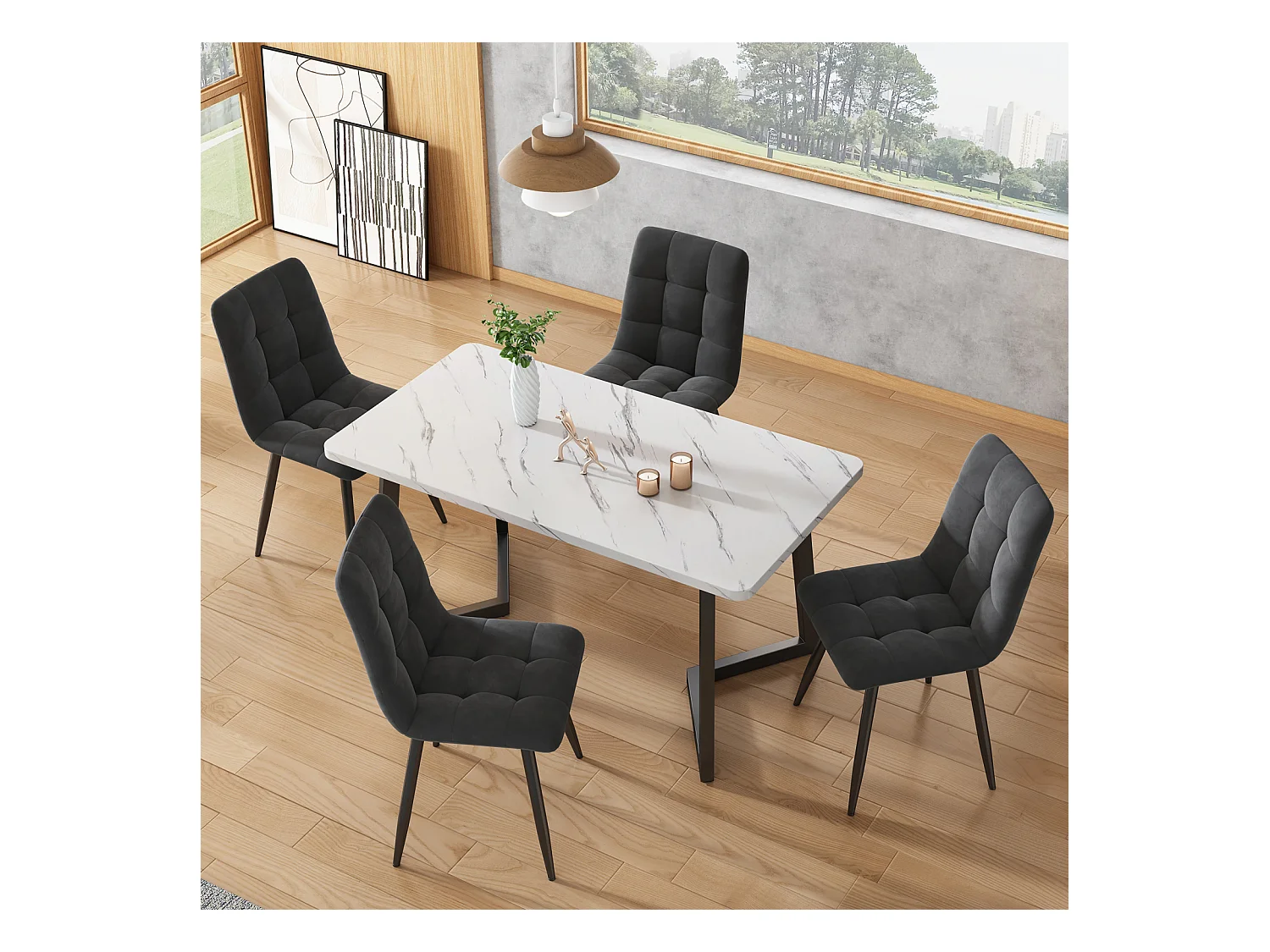 Conjunto de 4 cadeiras de jantar com encosto, estrutura de metal, cinza, veludo