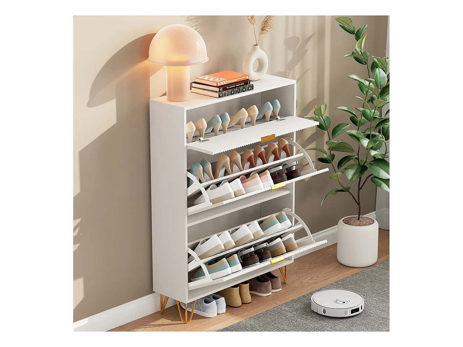 Armoire à chaussures moderne blanche à 3 tiroirs en bois avec poignées dorées, petite cannelée