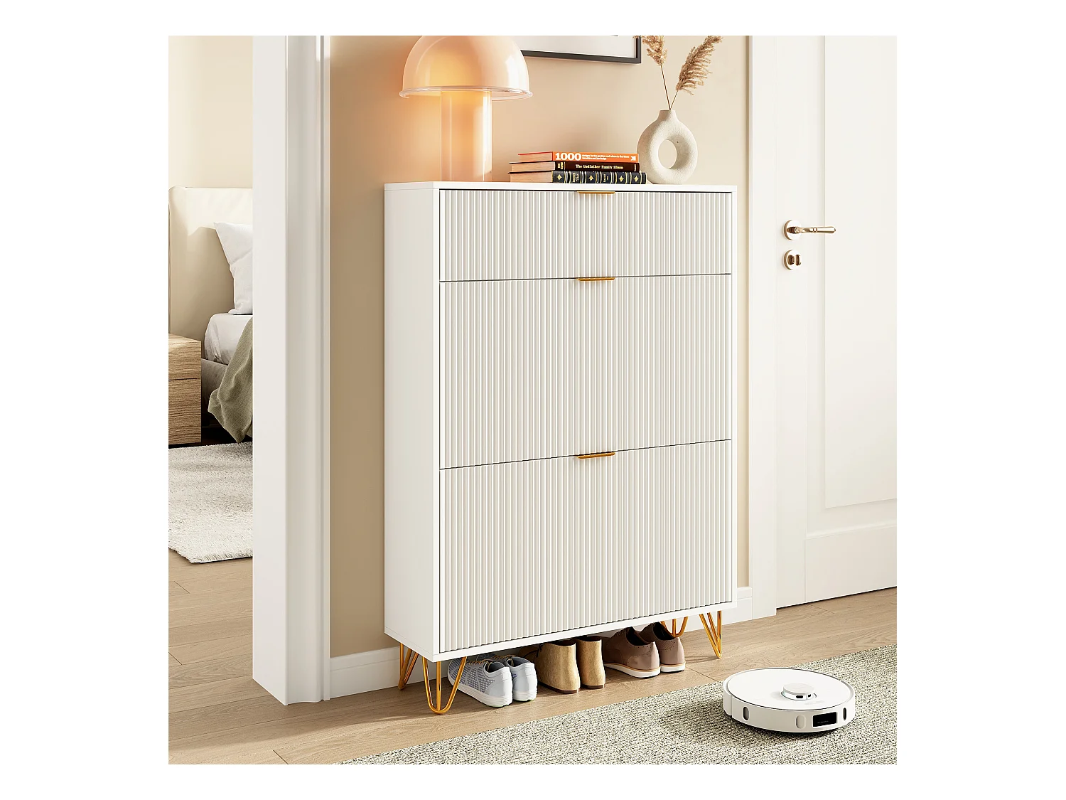 Armoire à chaussures moderne blanche à 3 tiroirs en bois avec poignées dorées, petite cannelée