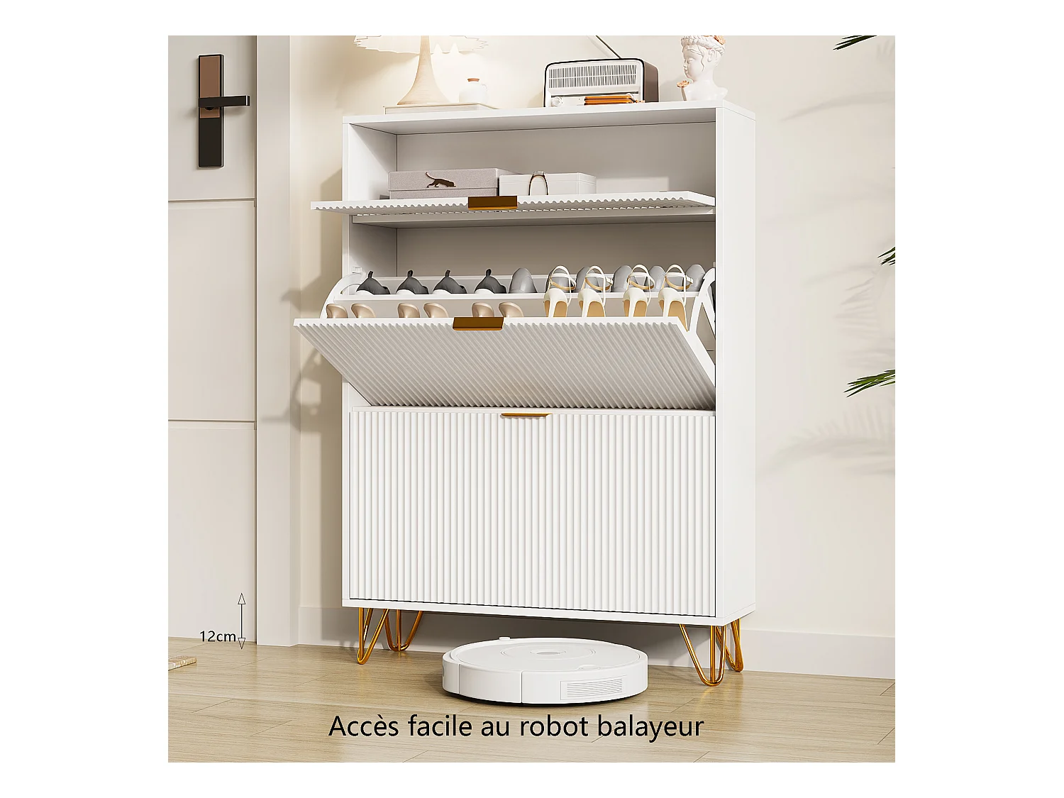 Armoire à chaussures moderne blanche à 3 tiroirs en bois avec poignées dorées, petite cannelée