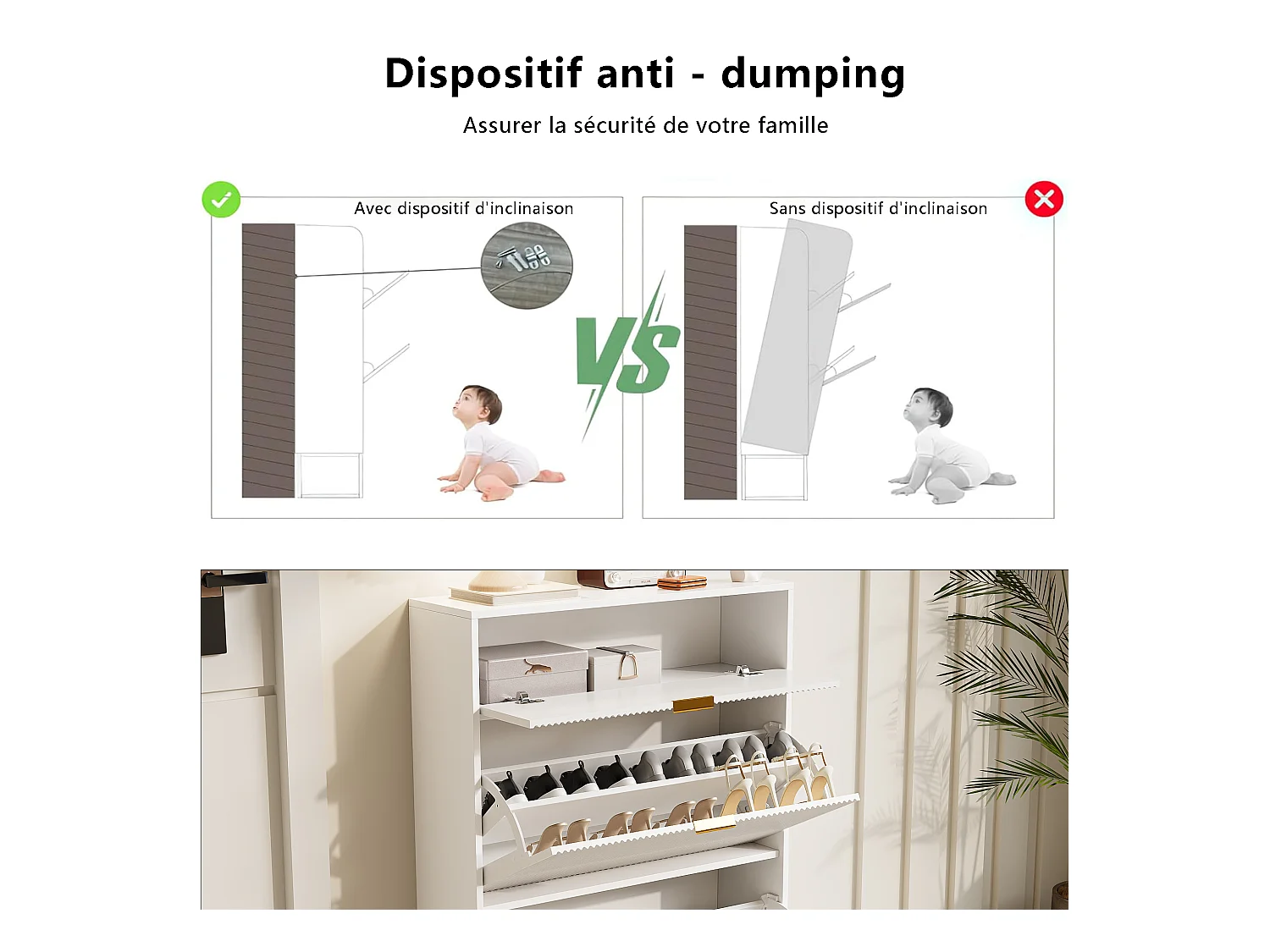 Armoire à chaussures moderne blanche à 3 tiroirs en bois avec poignées dorées, petite cannelée