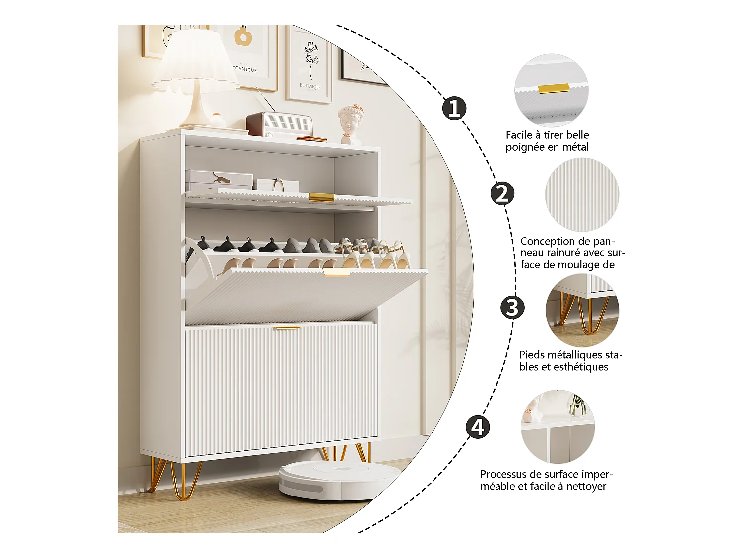 Armoire à chaussures moderne blanche à 3 tiroirs en bois avec poignées dorées, petite cannelée