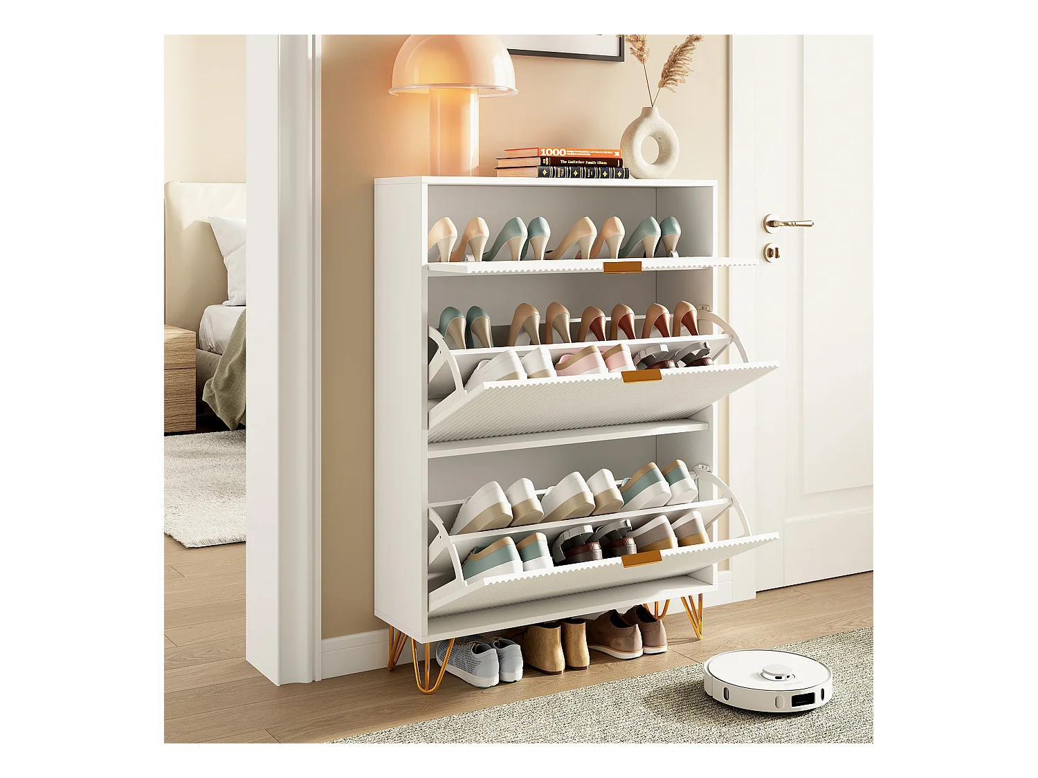 Armoire à chaussures moderne blanche à 3 tiroirs en bois avec poignées dorées, petite cannelée