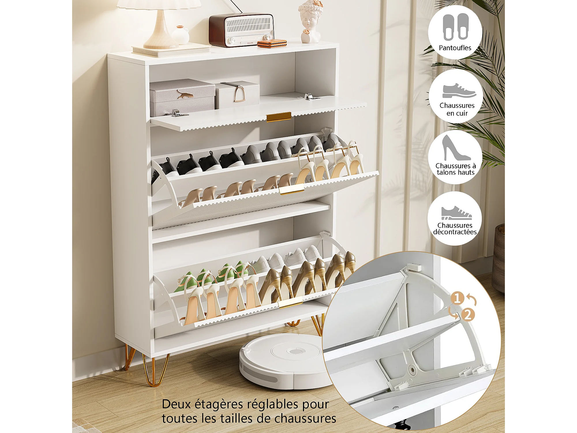 Armoire à Chaussures Blanche 3 Tiroirs KEFSR - Bois, Poignées Dorées, Étagères Réglables, Design Moderne Pour Salon Ou Chambre