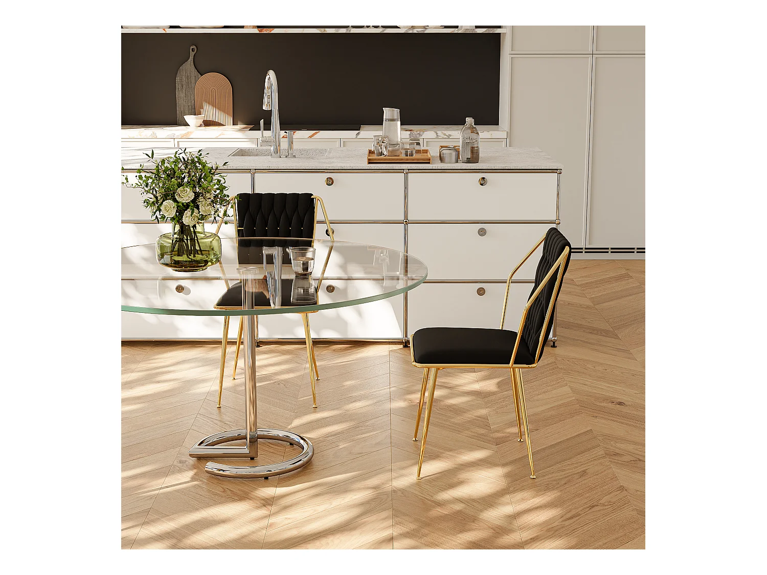Lot de 2 chaises de salle à manger, fauteuils modernes en velours avec cadre en métal doré, noir