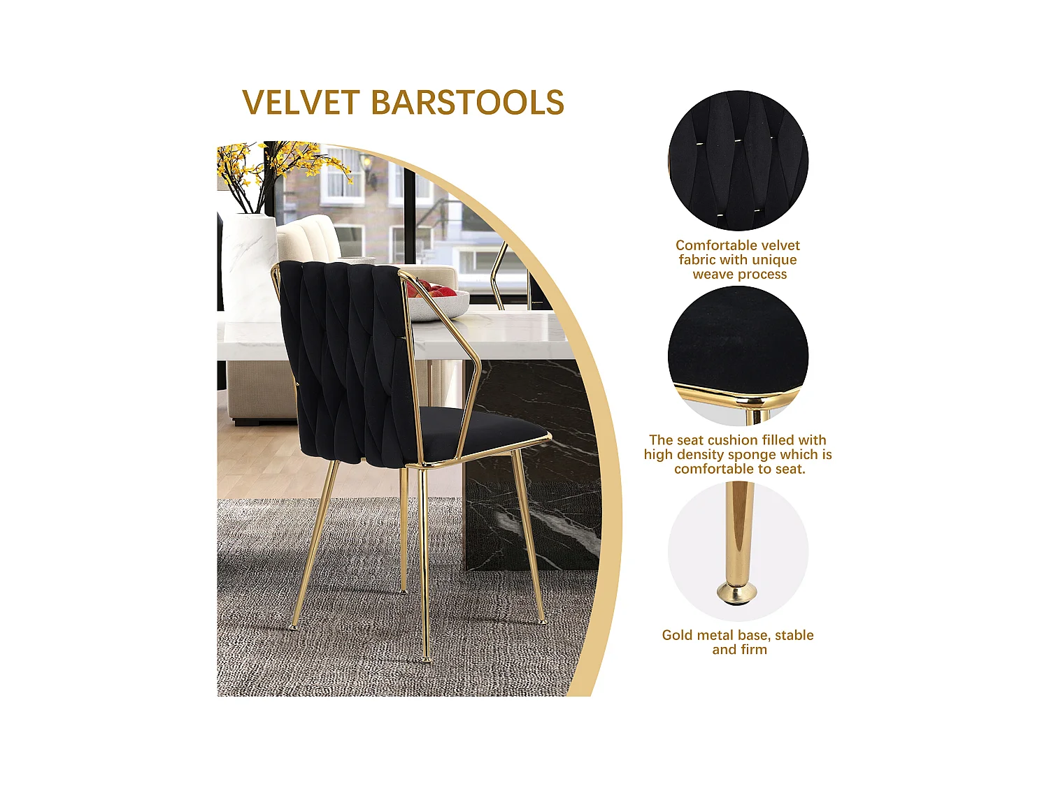 Lot de 2 chaises de salle à manger, fauteuils modernes en velours avec cadre en métal doré, noir