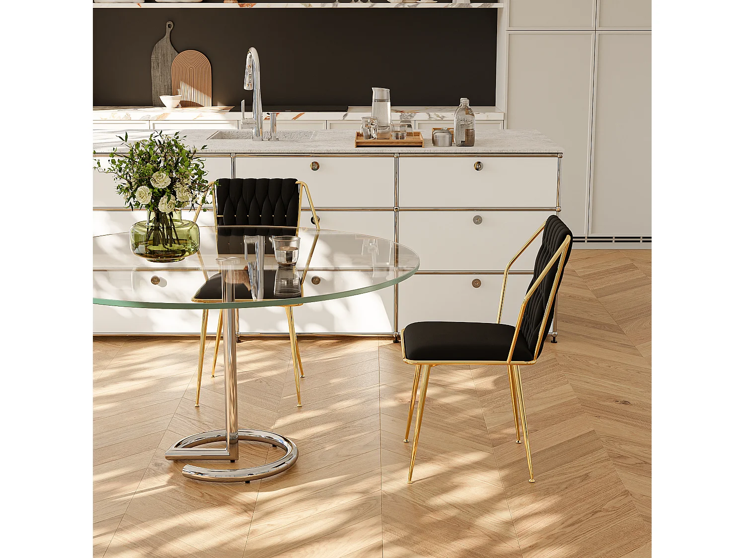 Lot de 2 chaises de salle à manger, fauteuils modernes en velours avec cadre en métal doré, noir