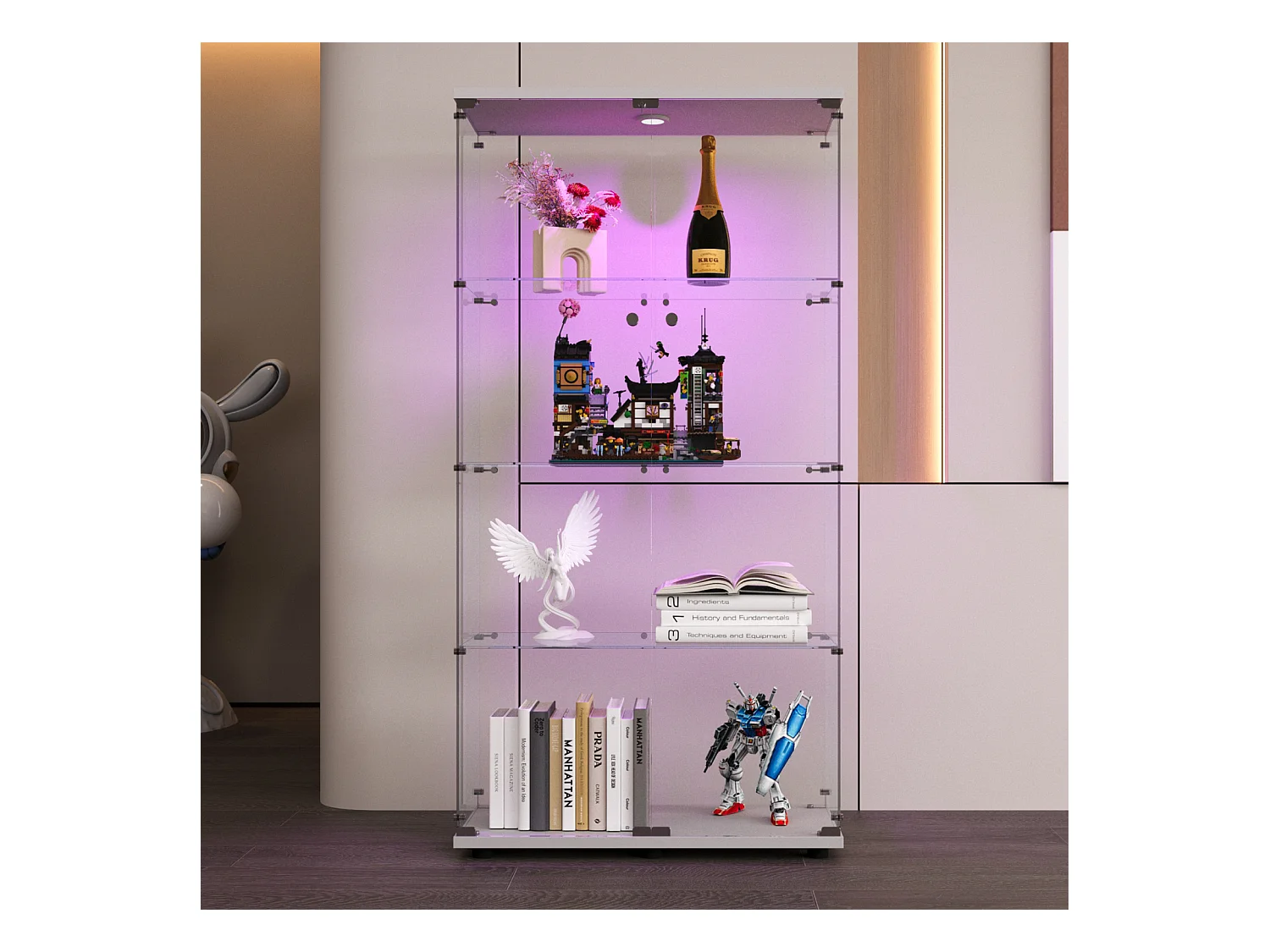 Armário de vidro moderno, armário de armazenamento de vidro para sala de estar, branco