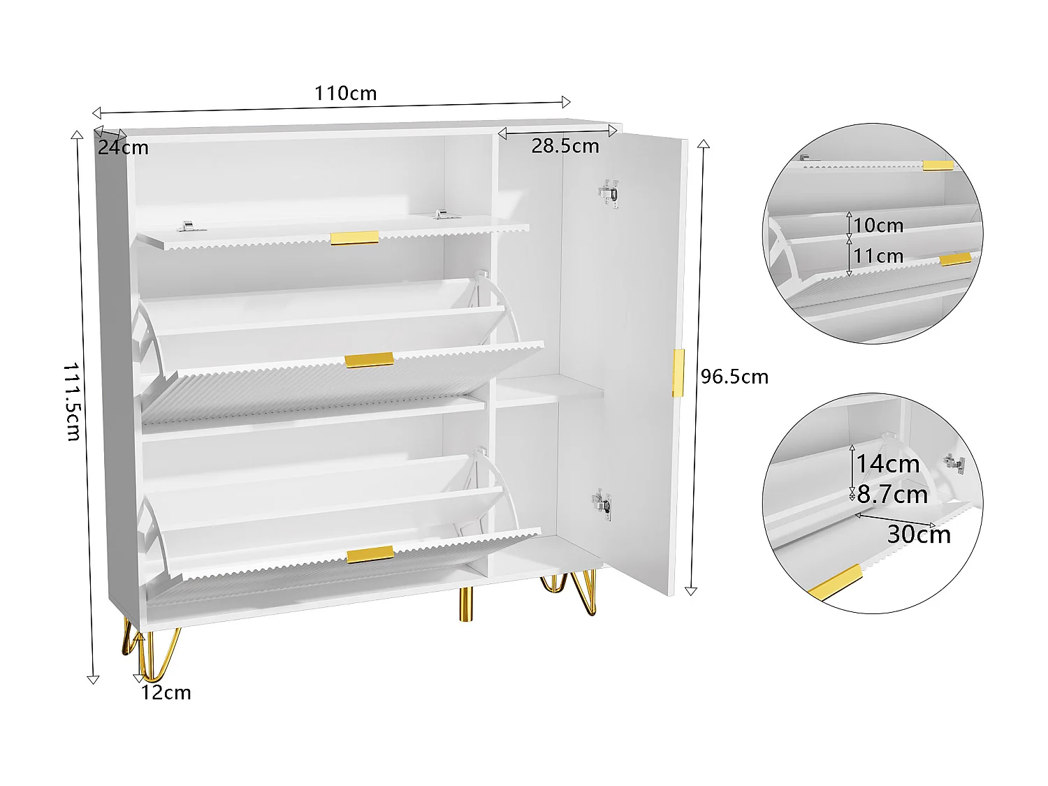 Armoire à chaussures étroite avec 3 rabats, Dispositif anti, basculement pour entrée, couloir,Blanc