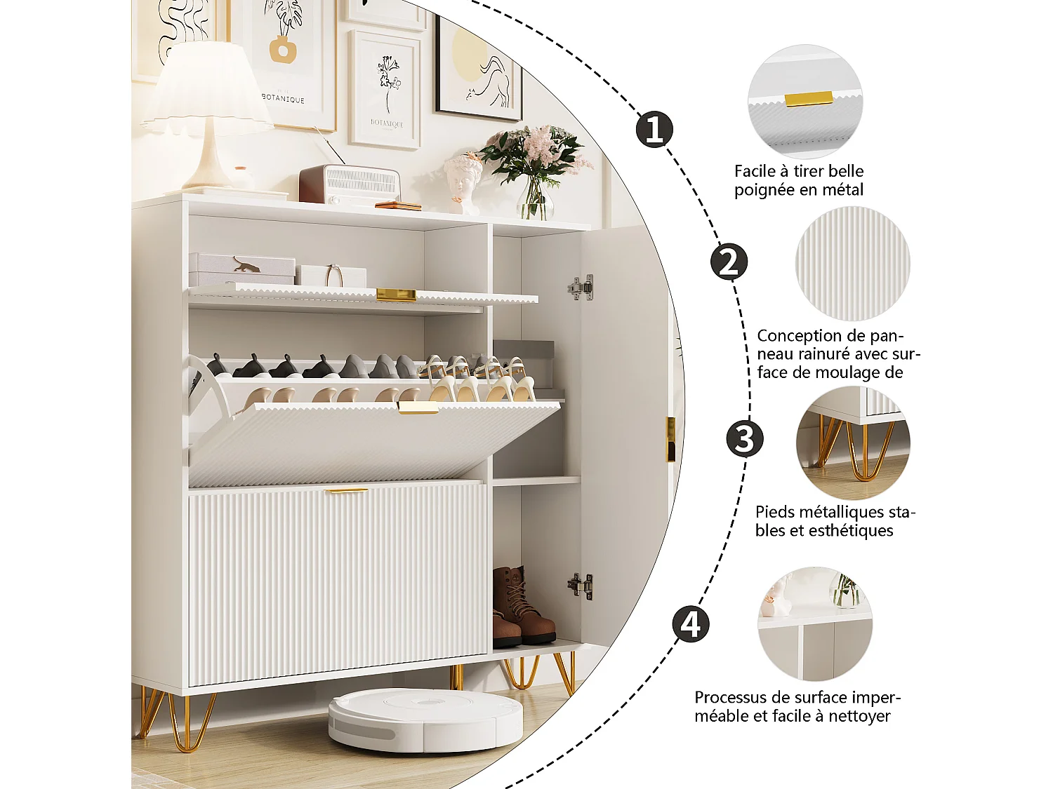 Armoire à chaussures étroite avec 3 rabats, Dispositif anti, basculement pour entrée, couloir,Blanc