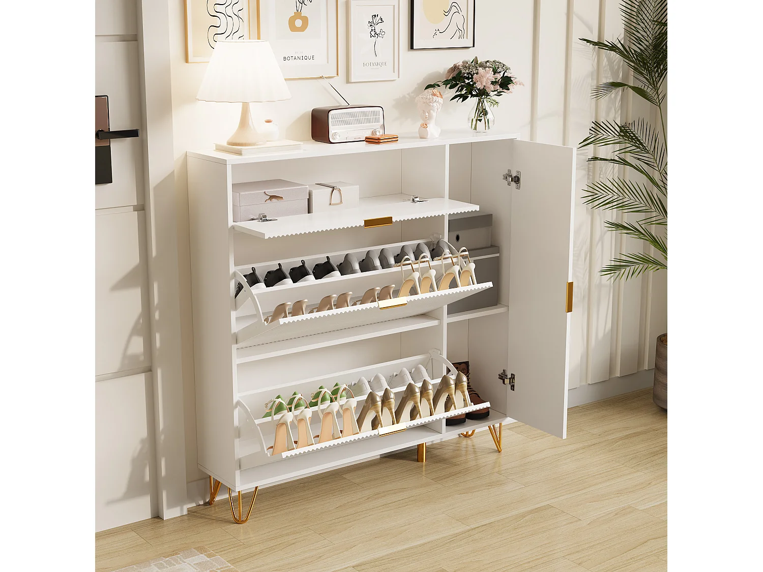 Armoire à chaussures étroite avec 3 rabats, Dispositif anti, basculement pour entrée, couloir,Blanc