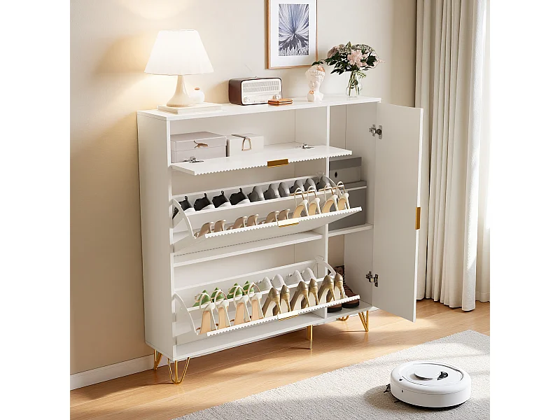 Meuble à Chaussures avec 3 Portes Rabattables et Tiroir de Rangement, 110 x 24 x 118,5 cm, Blanc