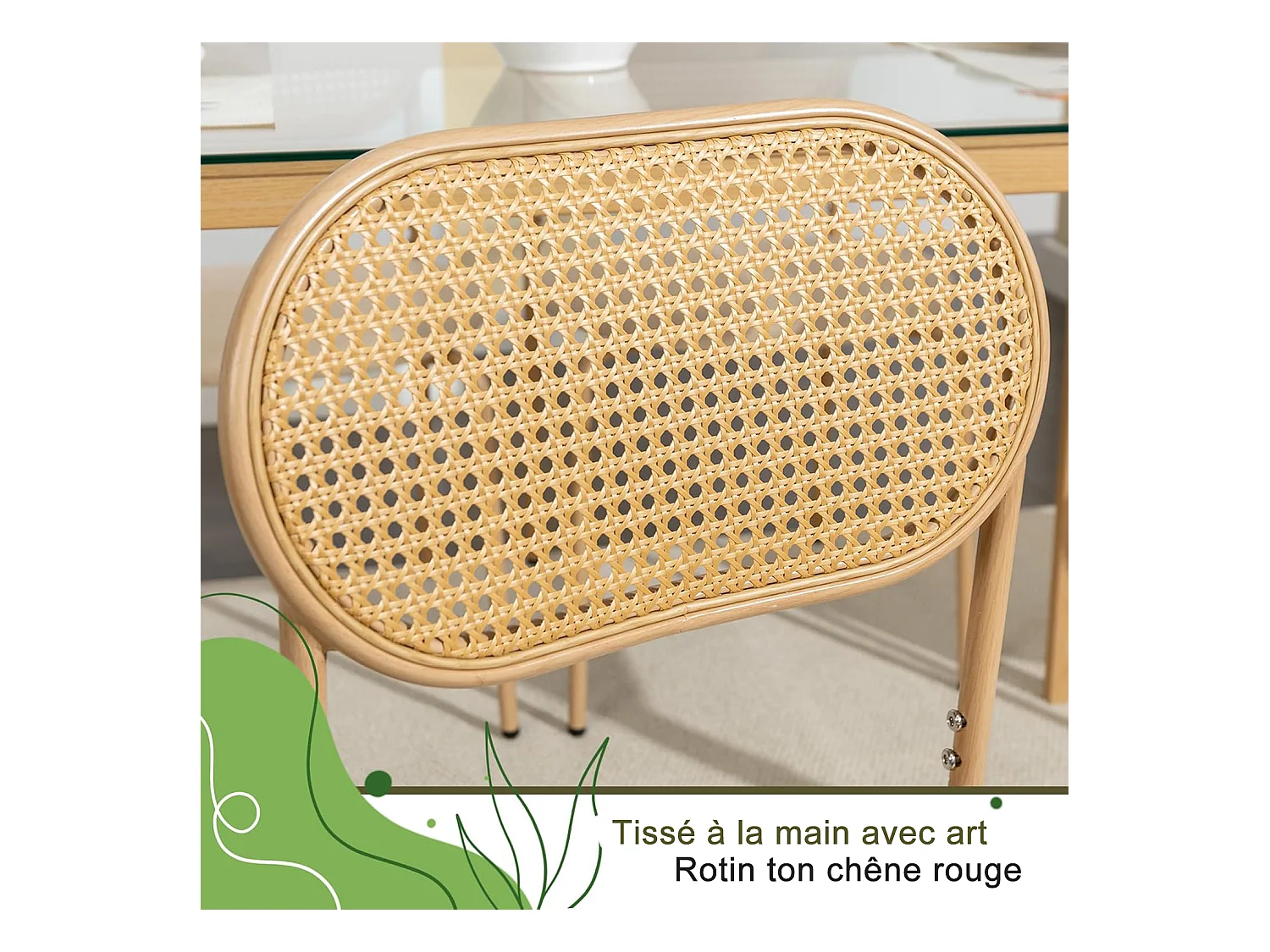 Lot de 2 Chaises de Salle à Manger en rotin , avec Dossier Rotin Siège Rembourré , Couleur du bois