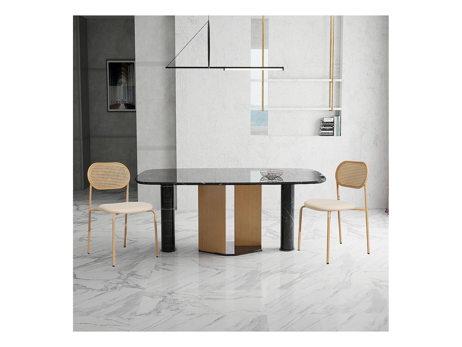 Lot de 2 Chaises de Salle à Manger en rotin , avec Dossier Rotin Siège Rembourré , Couleur du bois